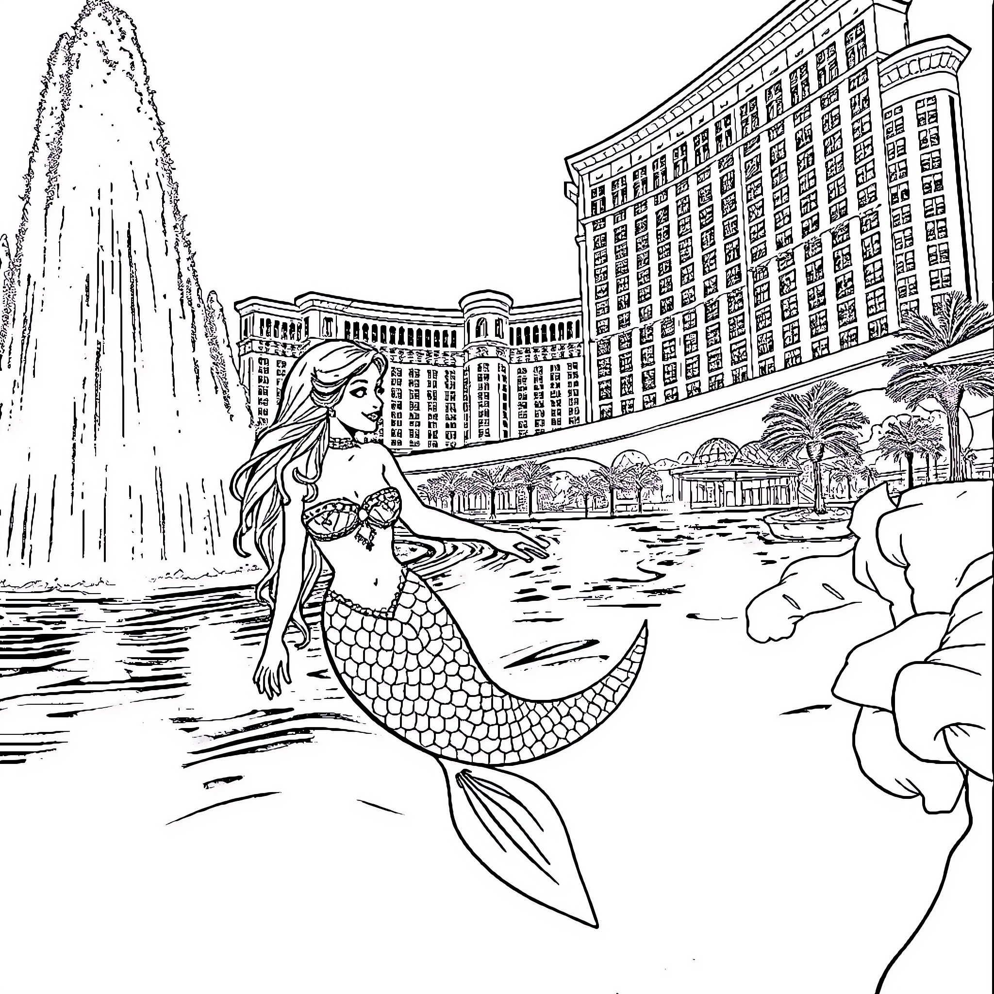 Mermaid relaxing in a lavish resort setting Coloring Page (free black-and-white line drawing printable PDF for all, from beginners to advanced learners, including children, teens, adults, and seniors)