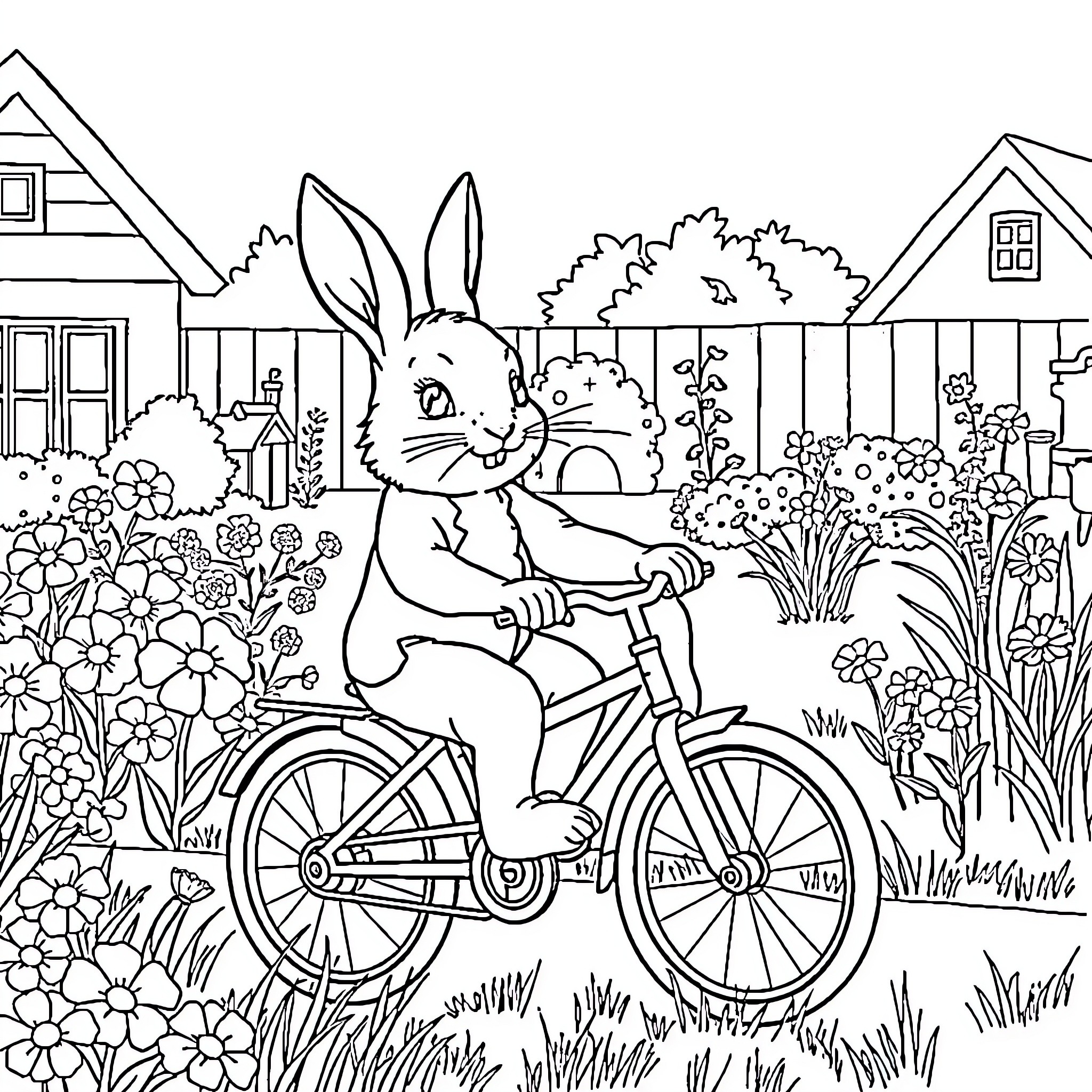 Peter Rabbit riding a bicycle in a garden Coloring Page (free black-and-white line drawing printable PDF for all, from beginners to advanced learners, including children, teens, adults, and seniors)