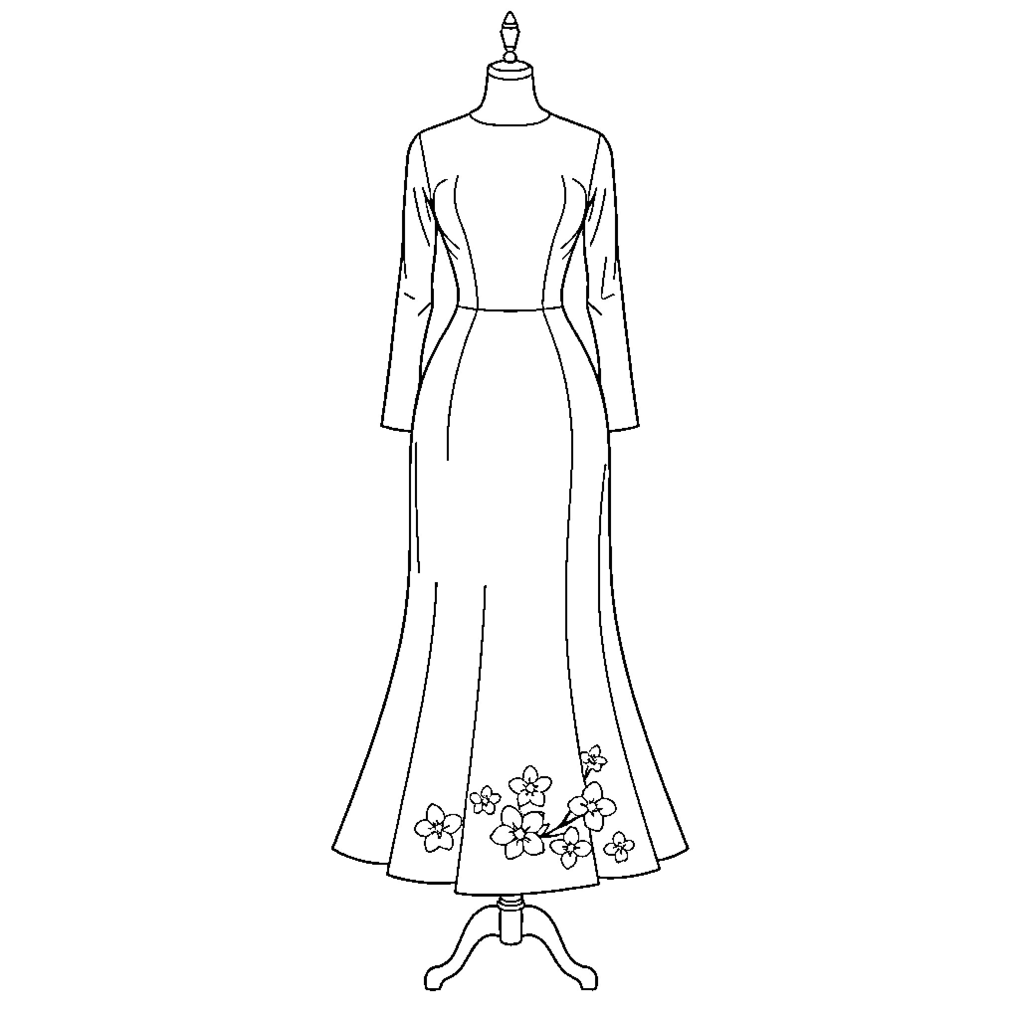 Dress with Floral Embellishments on Display Coloring Page (free black-and-white line drawing printable PDF for all, from beginners to advanced learners, including children, teens, adults, and seniors)