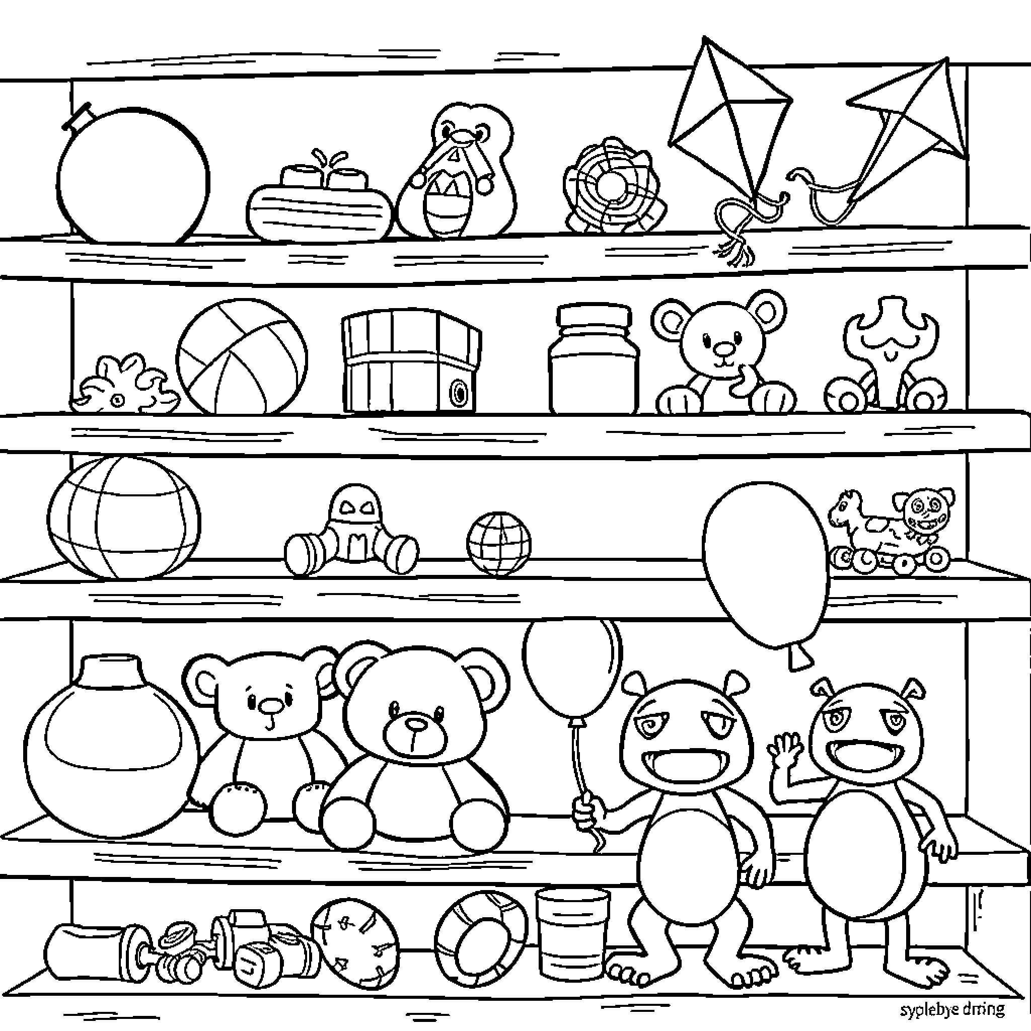 Toy shelves filled with various playthings Coloring Page (free black-and-white line drawing printable PDF for all, from beginners to advanced learners, including children, teens, adults, and seniors)