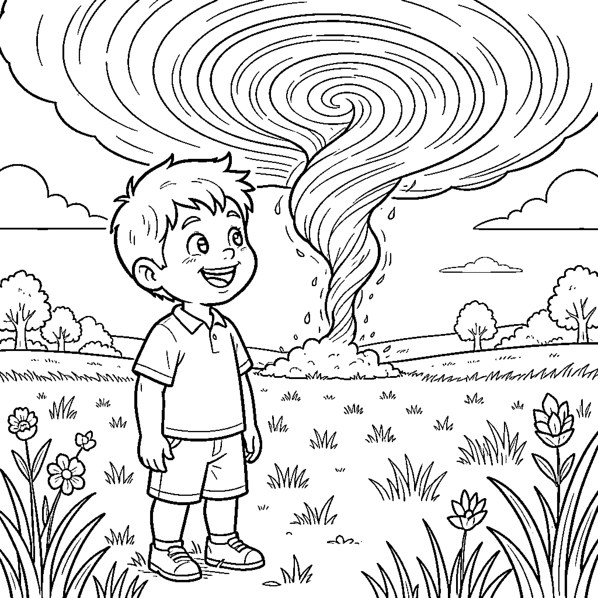 Niño playing amid swirling winds Coloring Page (free black-and-white line drawing printable PDF for all, from beginners to advanced learners, including children, teens, adults, and seniors)