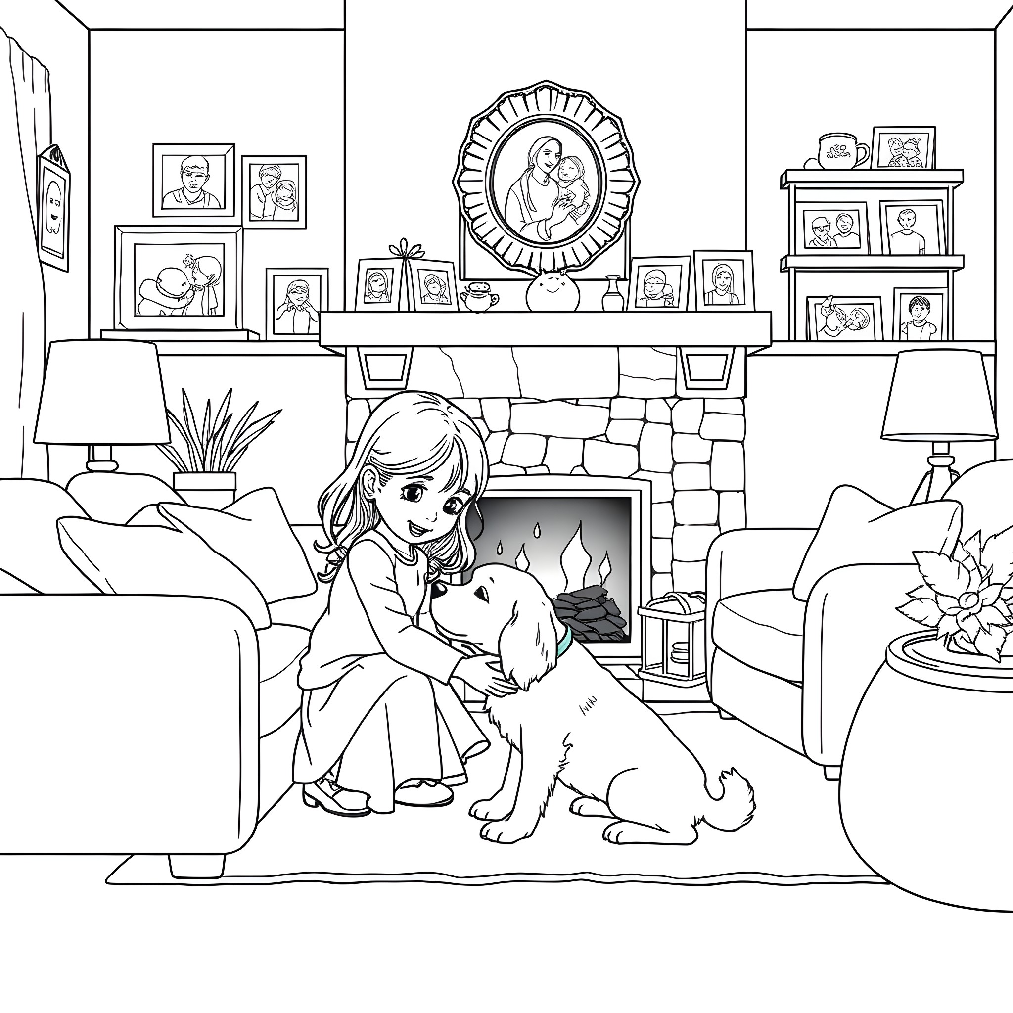 Girl comforting a puppy by the fireplace Coloring Page (free black-and-white line drawing printable PDF for all, from beginners to advanced learners, including children, teens, adults, and seniors)