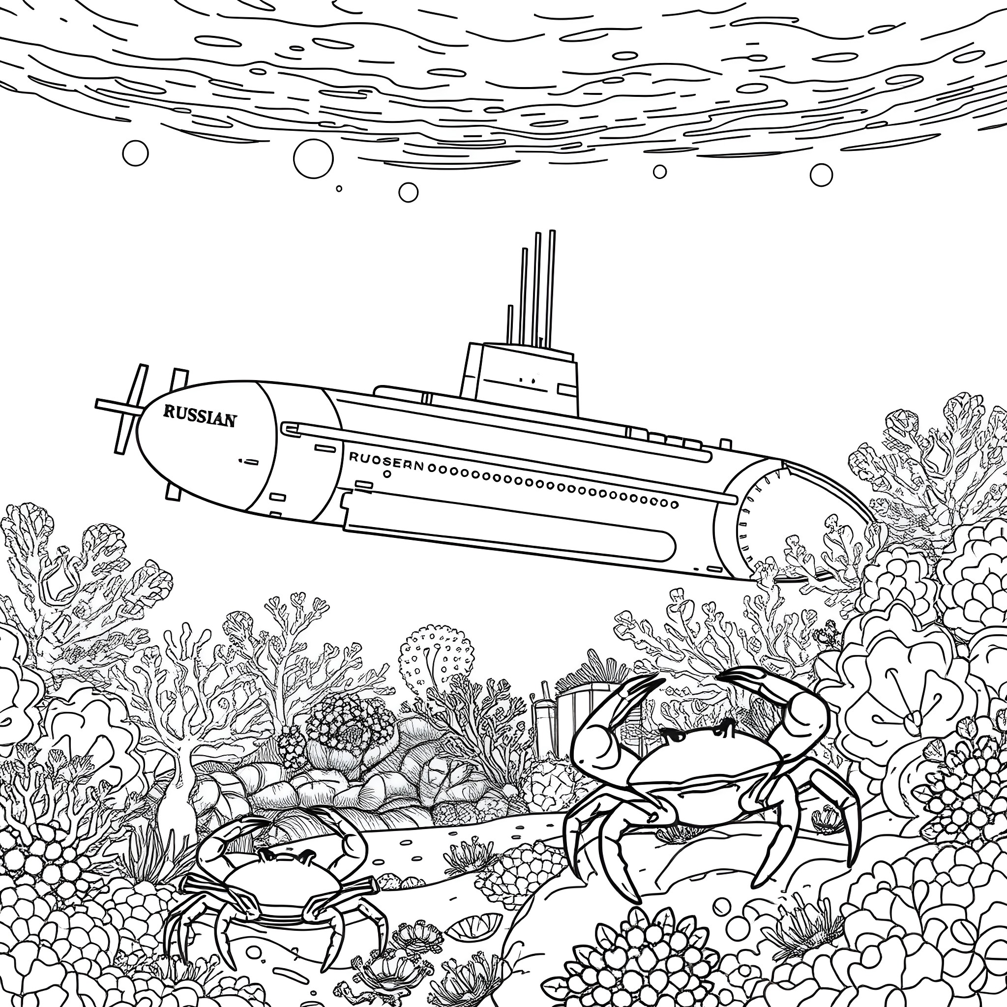 Submarine Exploring Underwater Coral Reef Scene Coloring Page (free black-and-white line drawing printable PDF for all, from beginners to advanced learners, including children, teens, adults, and seniors)