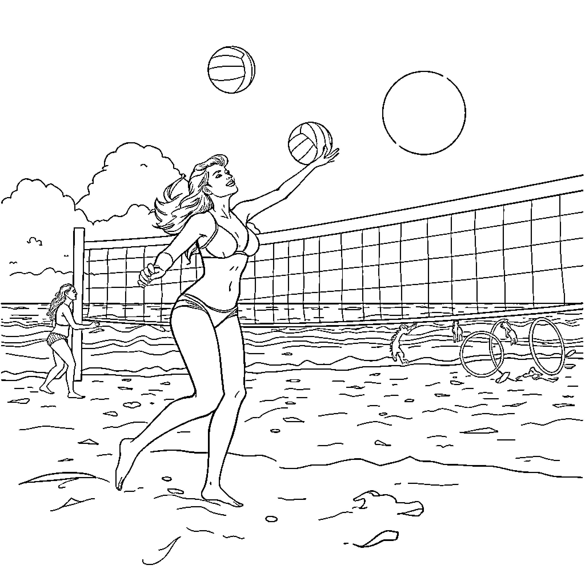 Beach Volleyball Players Engaged in Lively Game Coloring Page (free black-and-white line drawing printable PDF for all, from beginners to advanced learners, including children, teens, adults, and seniors)
