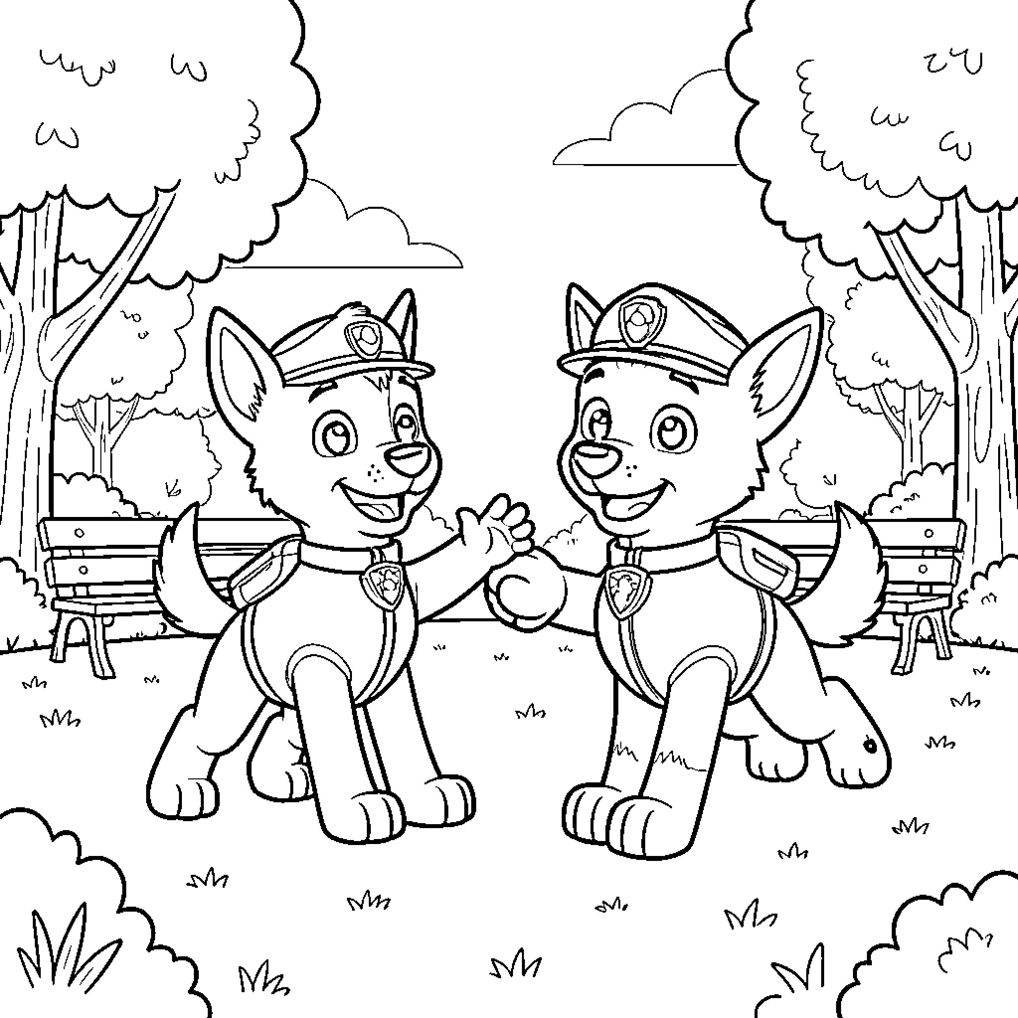 Paw Patrol characters high-fiving happily in a park Coloring Page (free black-and-white line drawing printable PDF for all, from beginners to advanced learners, including children, teens, adults, and seniors)