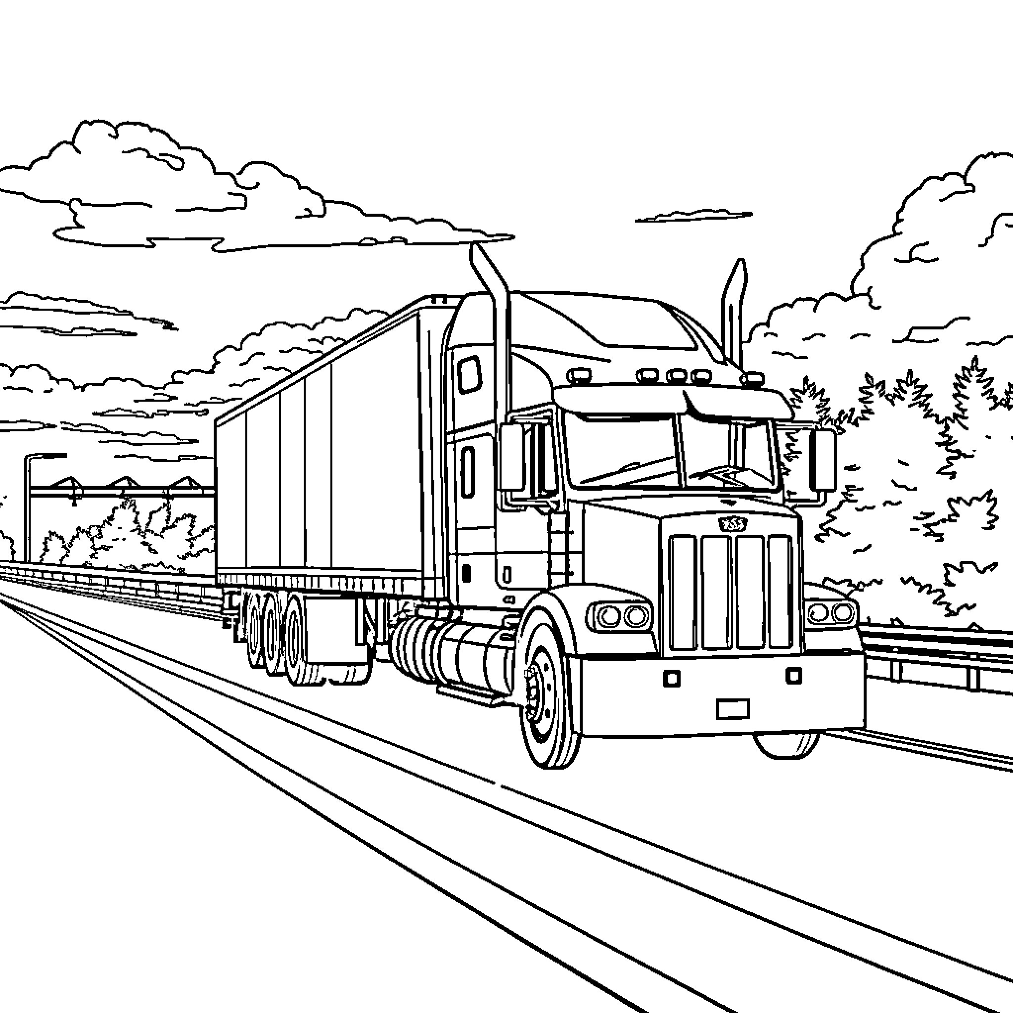 Semi-Truck Transporting Goods on Winding Highway Coloring Page (free black-and-white line drawing printable PDF for all, from beginners to advanced learners, including children, teens, adults, and seniors)