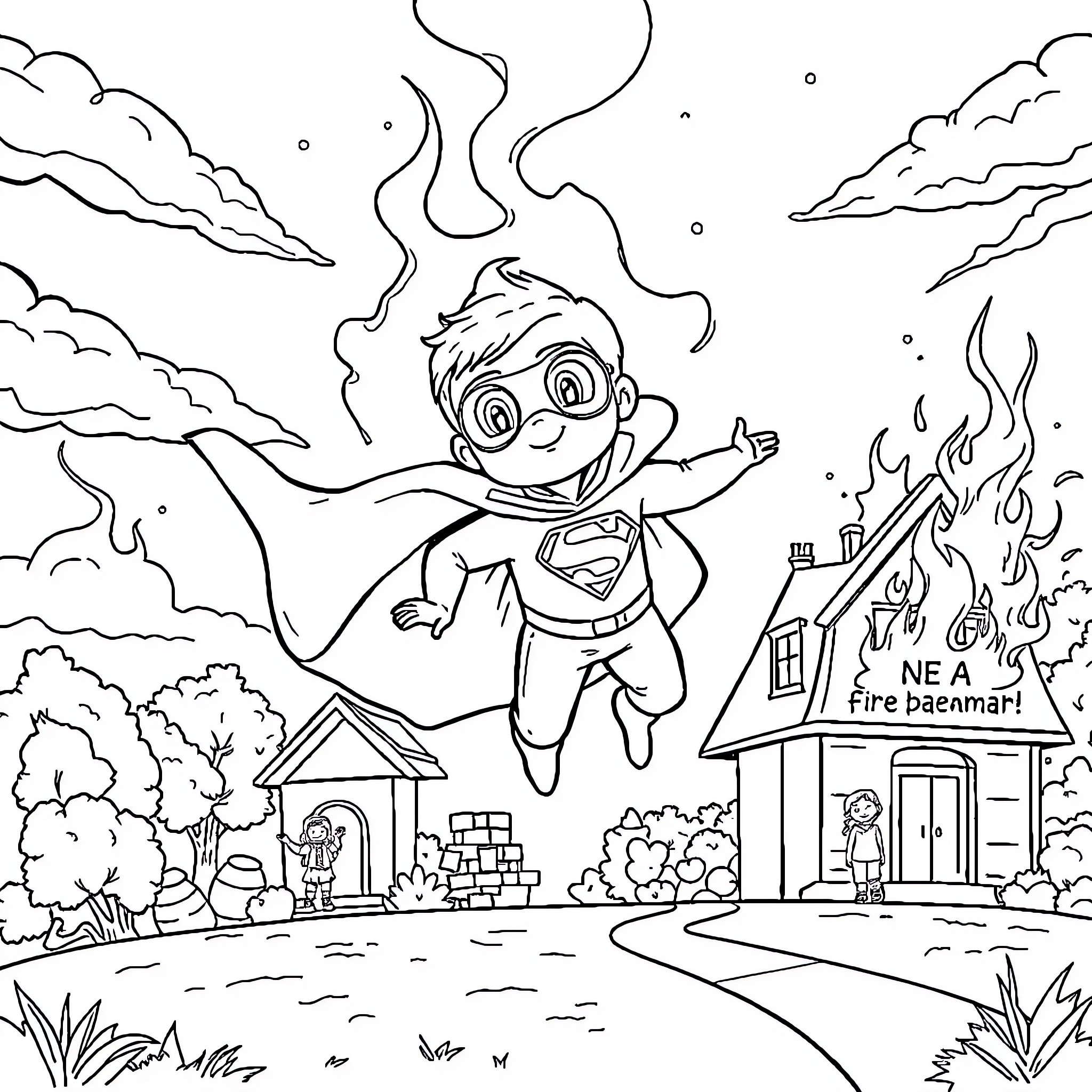 Superhero rushing to save the day Coloring Page (free black-and-white line drawing printable PDF for all, from beginners to advanced learners, including children, teens, adults, and seniors)