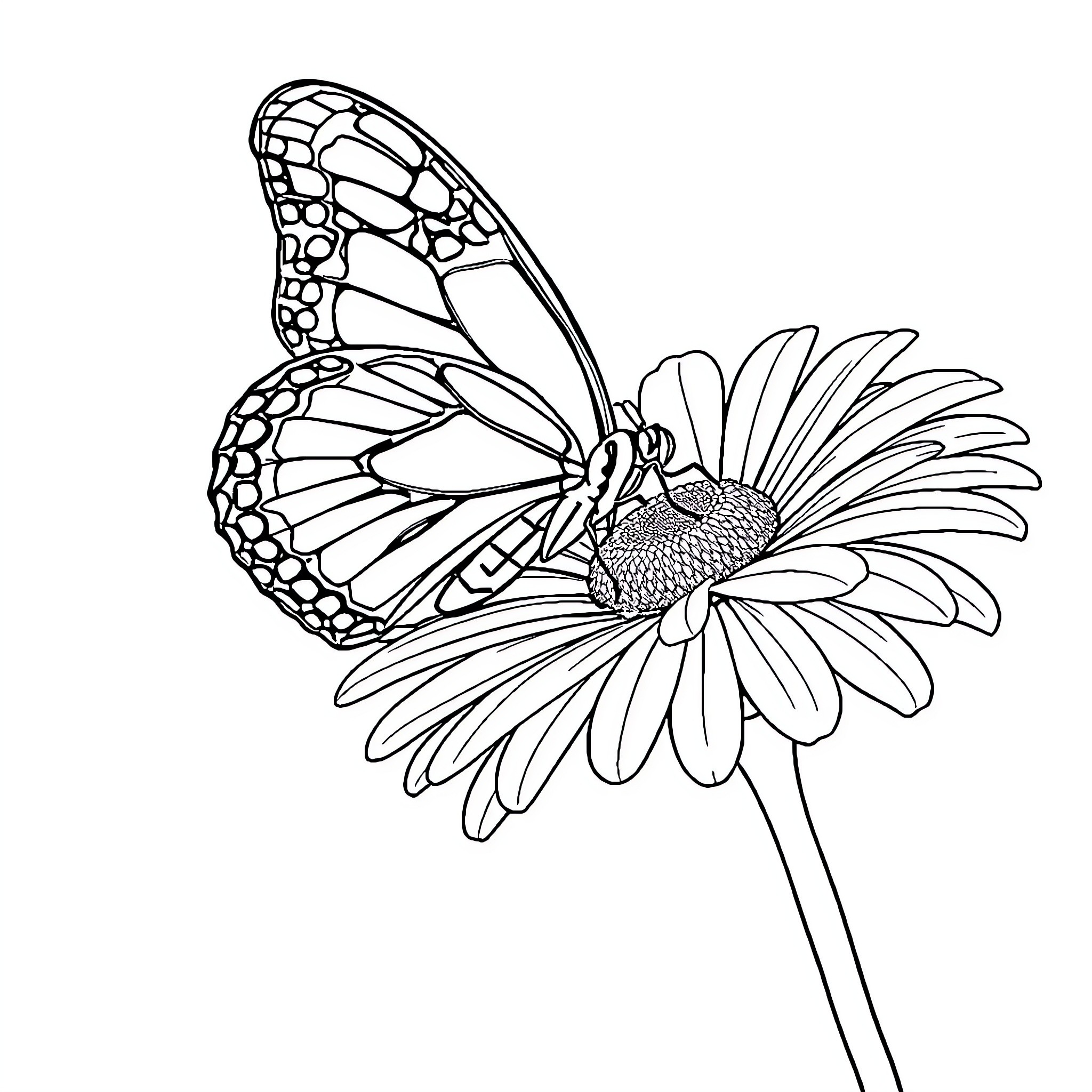 Butterfly resting on a blooming flower Coloring Page (free black-and-white line drawing printable PDF for all, from beginners to advanced learners, including children, teens, adults, and seniors)