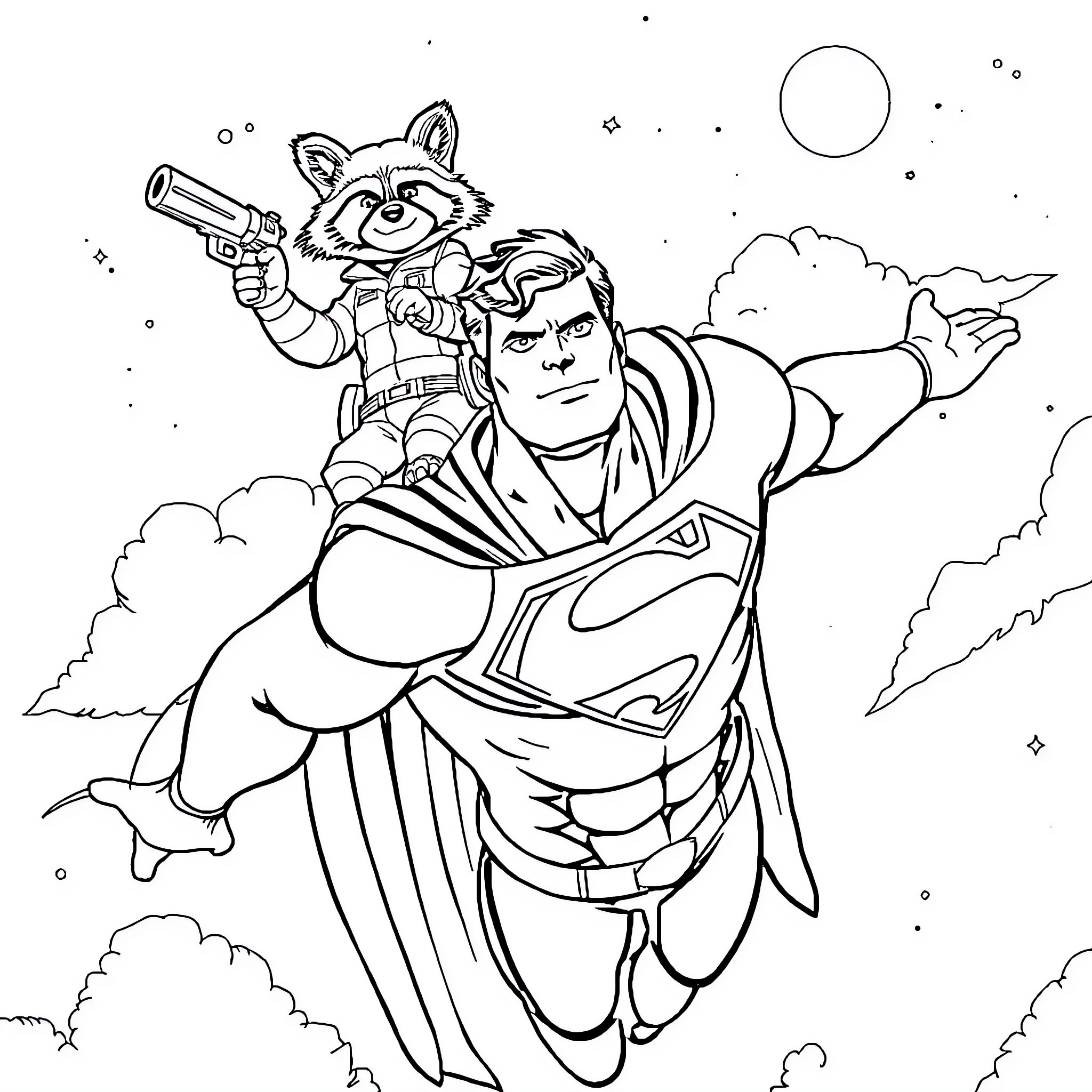 Superman and a raccoon hero flying through the sky Coloring Page (free black-and-white line drawing printable PDF for all, from beginners to advanced learners, including children, teens, adults, and seniors)