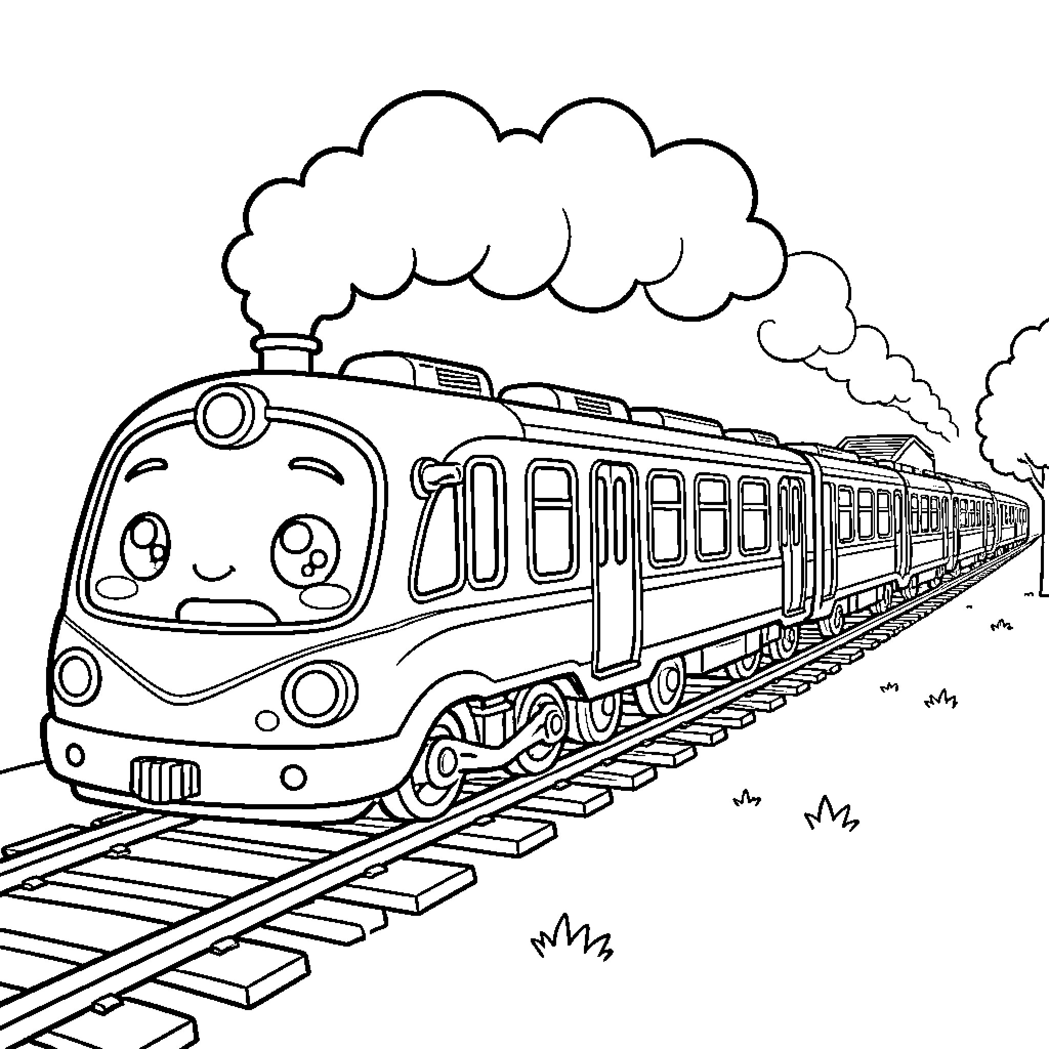 Train with a cute face puffing smoke clouds Coloring Page (free black-and-white line drawing printable PDF for all, from beginners to advanced learners, including children, teens, adults, and seniors)