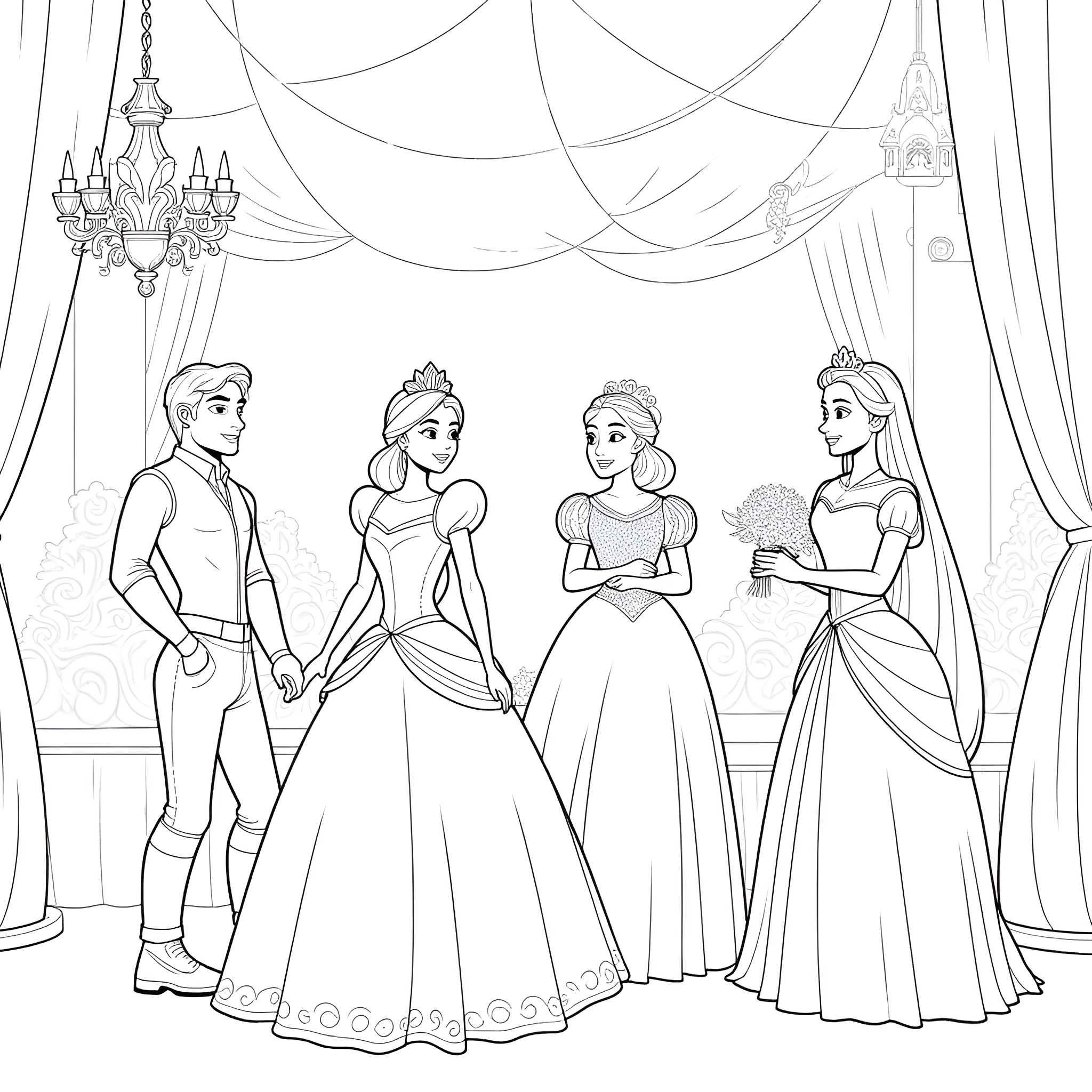 Princess and her friends in a grand ballroom Coloring Page (free black-and-white line drawing printable PDF for all, from beginners to advanced learners, including children, teens, adults, and seniors)