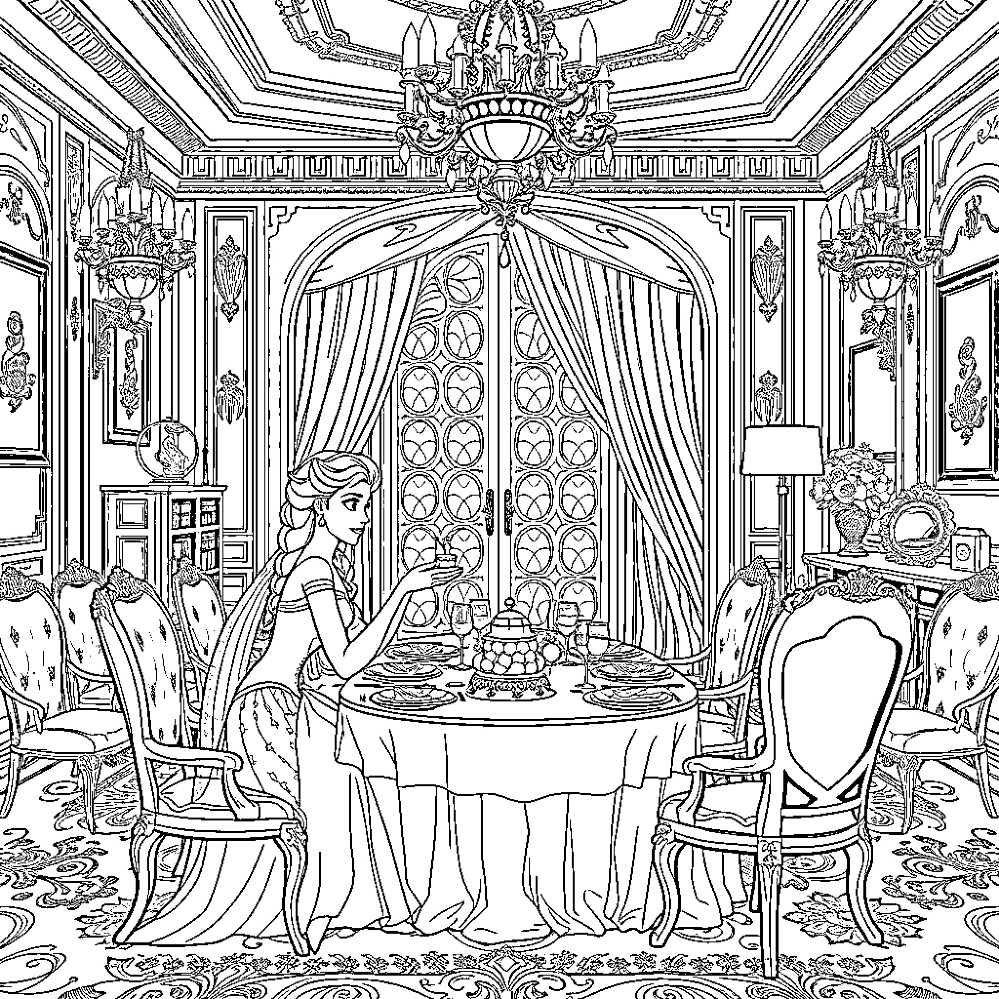 Elsa enjoying a formal dinner in a grand palace Coloring Page (free black-and-white line drawing printable PDF for all, from beginners to advanced learners, including children, teens, adults, and seniors)