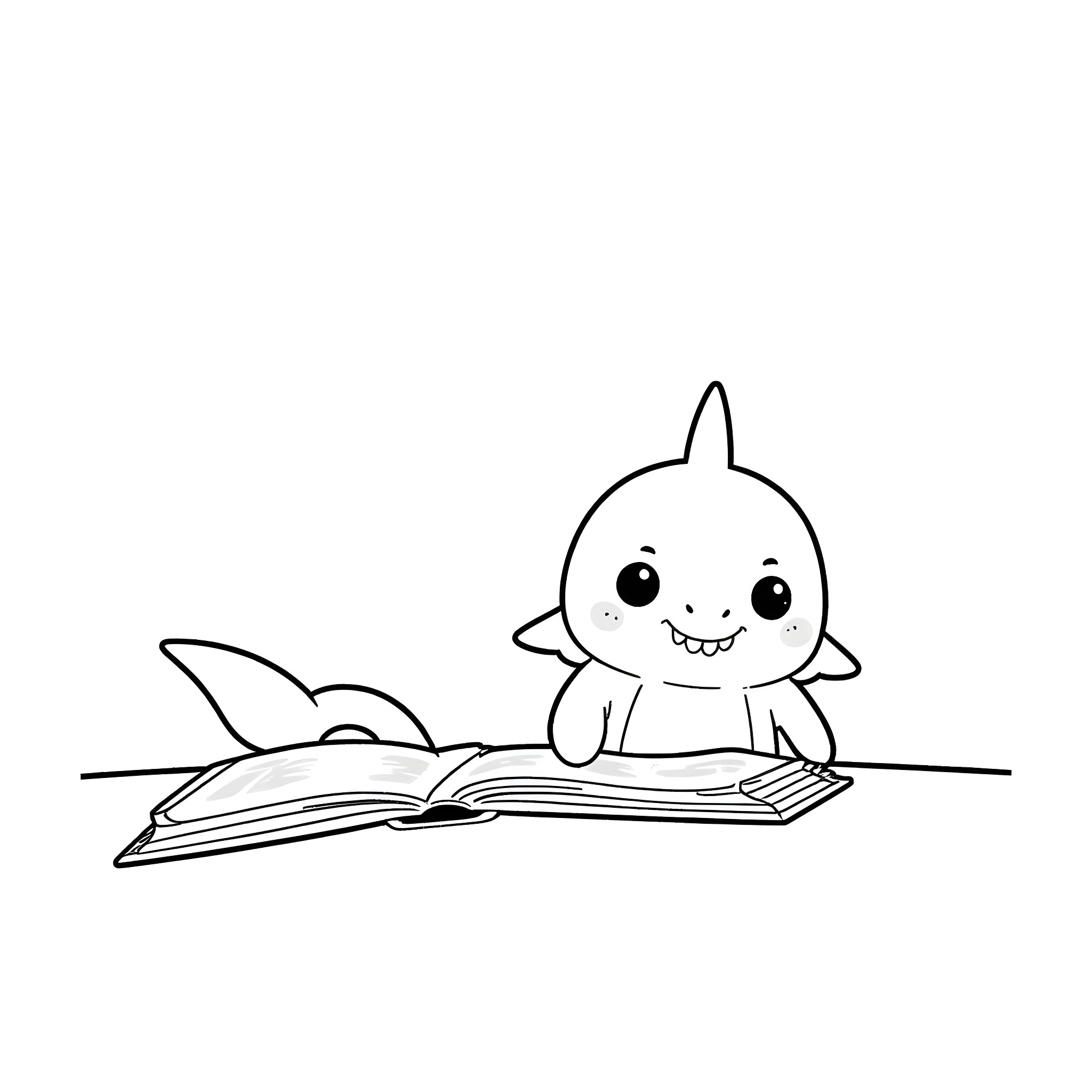 Baby Shark reading a book happily Coloring Page (free black-and-white line drawing printable PDF for all, from beginners to advanced learners, including children, teens, adults, and seniors)