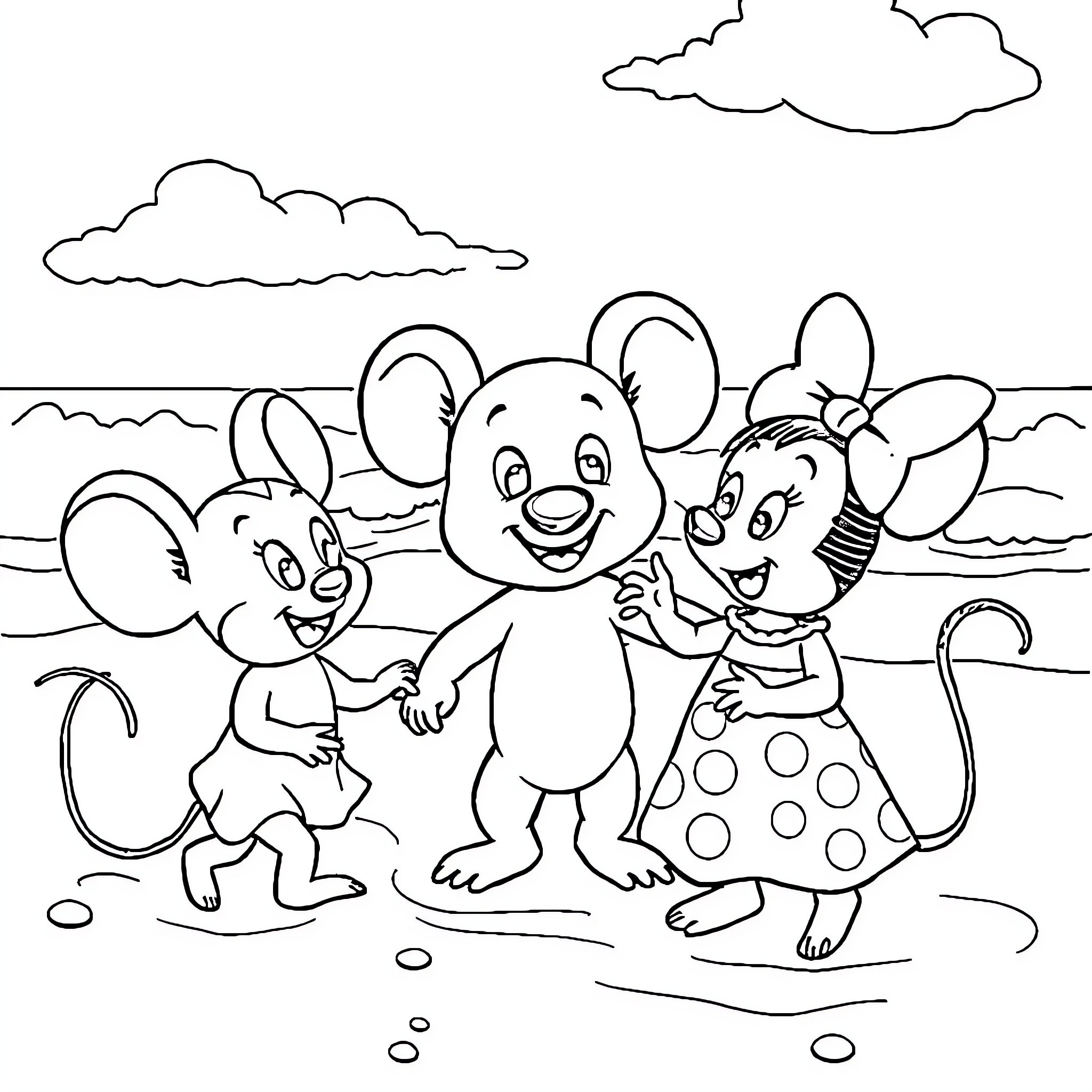 Mice playing happily on the beach Coloring Page (free black-and-white line drawing printable PDF for all, from beginners to advanced learners, including children, teens, adults, and seniors)