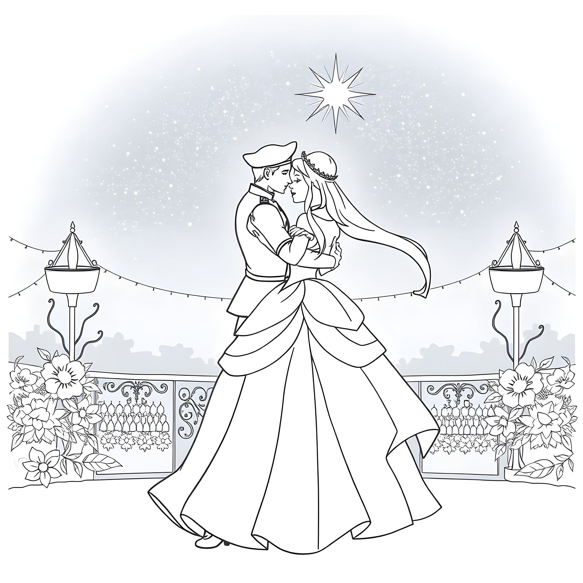 Cinderella and Prince Charming's romantic ballroom dance Coloring Page (free black-and-white line drawing printable PDF for all, from beginners to advanced learners, including children, teens, adults, and seniors)