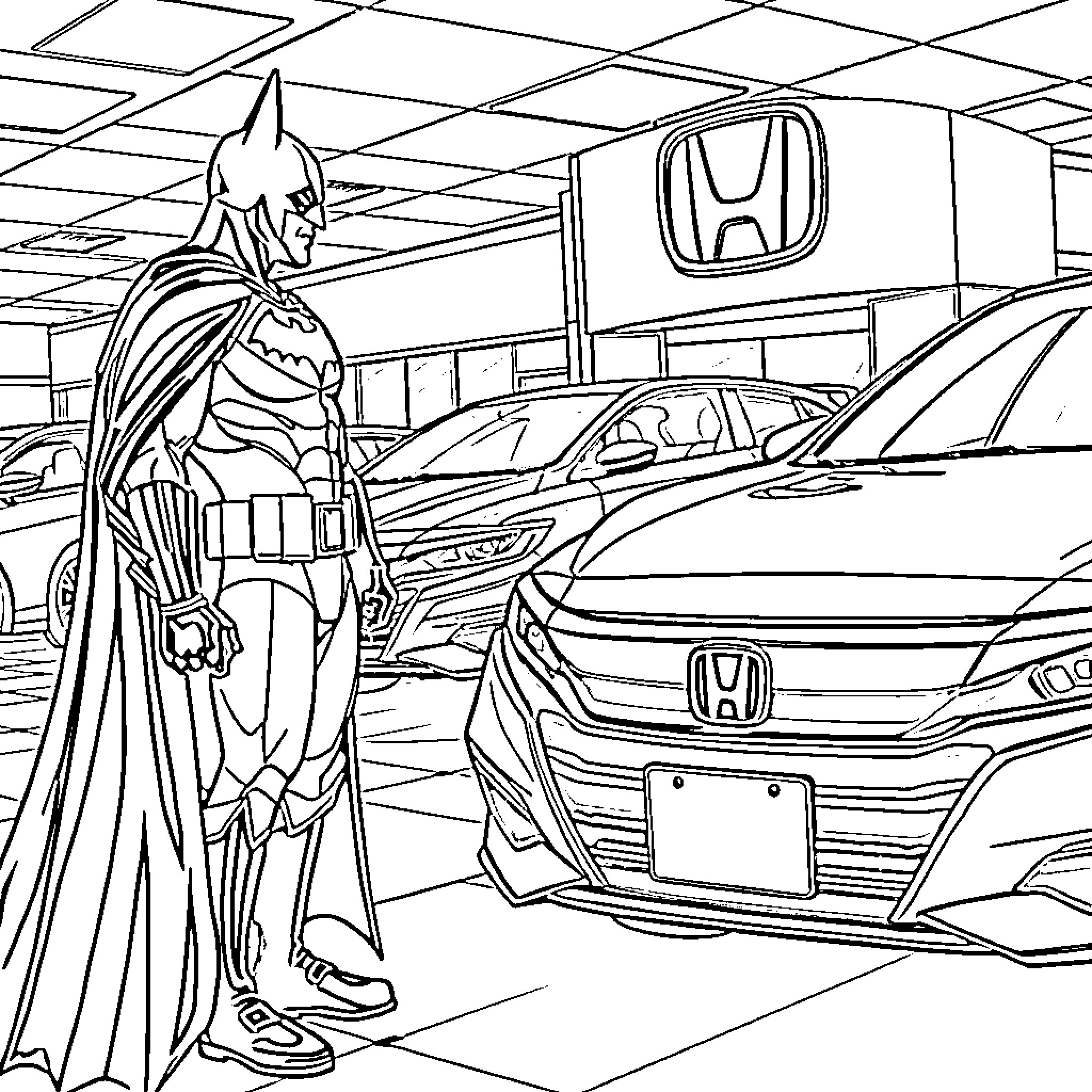 Batman in a car dealership Coloring Page (free black-and-white line drawing printable PDF for all, from beginners to advanced learners, including children, teens, adults, and seniors)