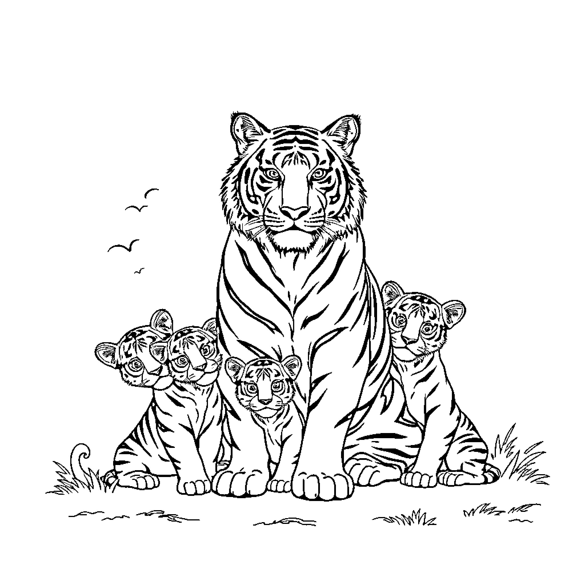 Tiger Family Resting in the Grasslands Coloring Page (free black-and-white line drawing printable PDF for all, from beginners to advanced learners, including children, teens, adults, and seniors)