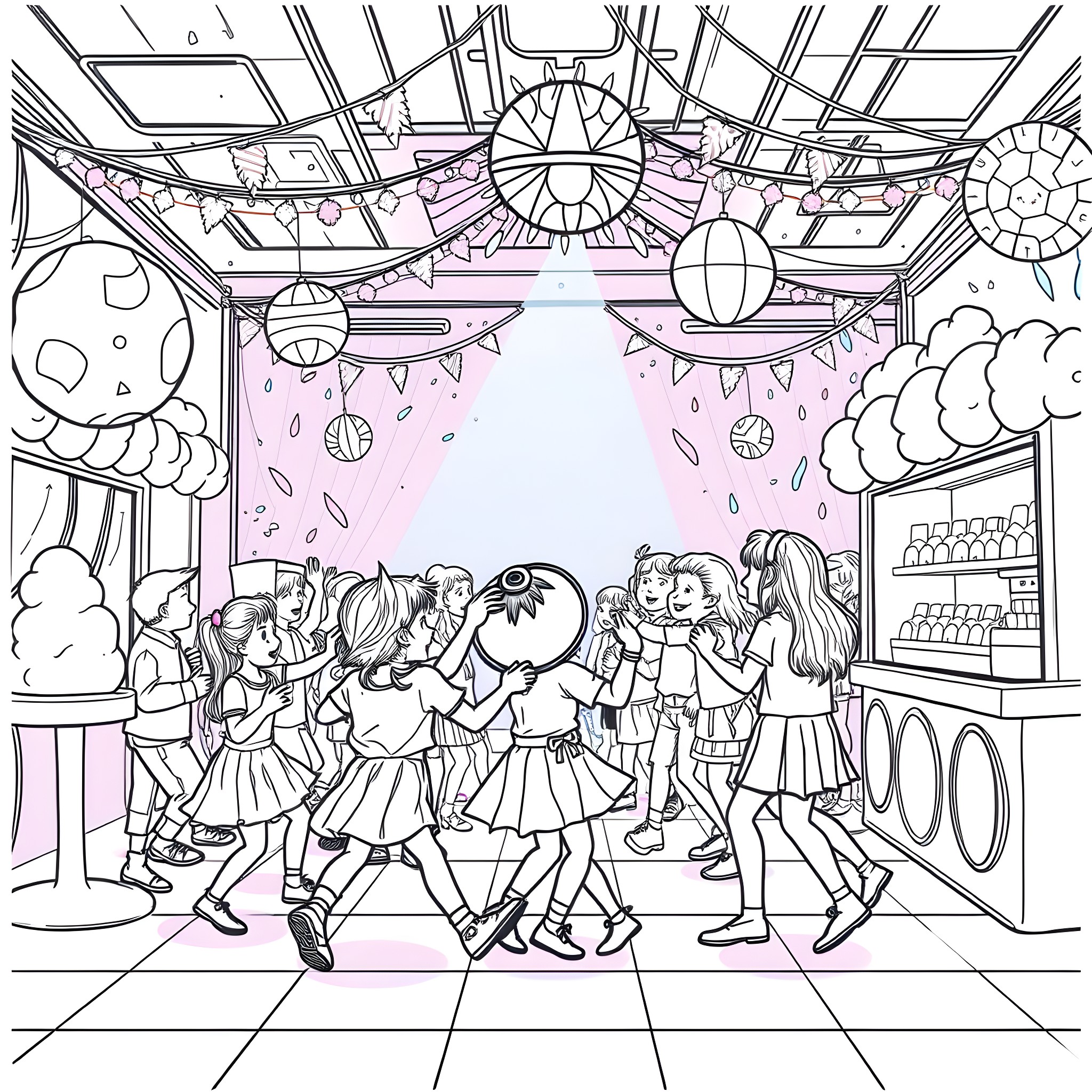 Kids Celebrating at a Party with Decorations Coloring Page (free black-and-white line drawing printable PDF for all, from beginners to advanced learners, including children, teens, adults, and seniors)