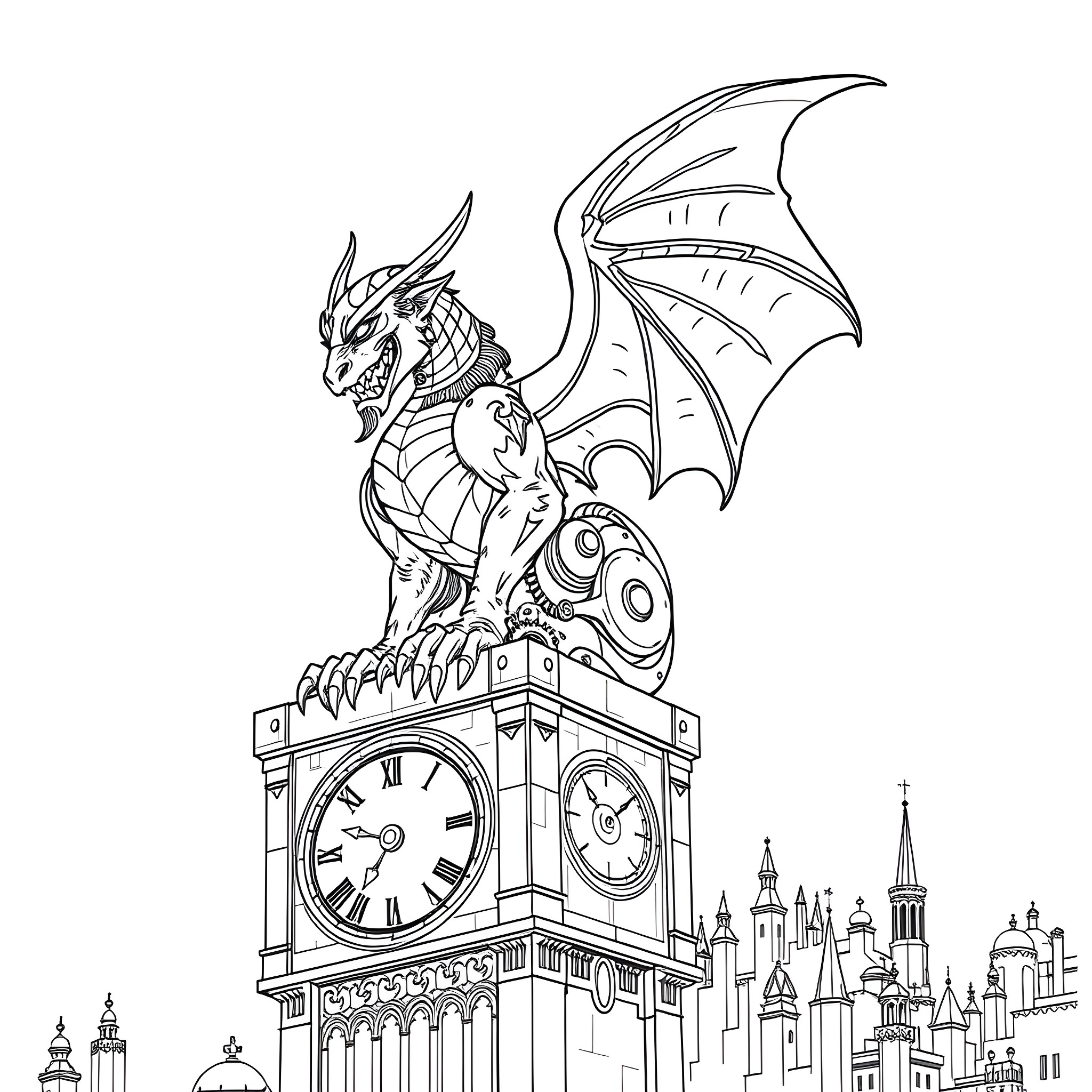 Gargoyle Guarding the City Clock Tower Coloring Page (free black-and-white line drawing printable PDF for all, from beginners to advanced learners, including children, teens, adults, and seniors)