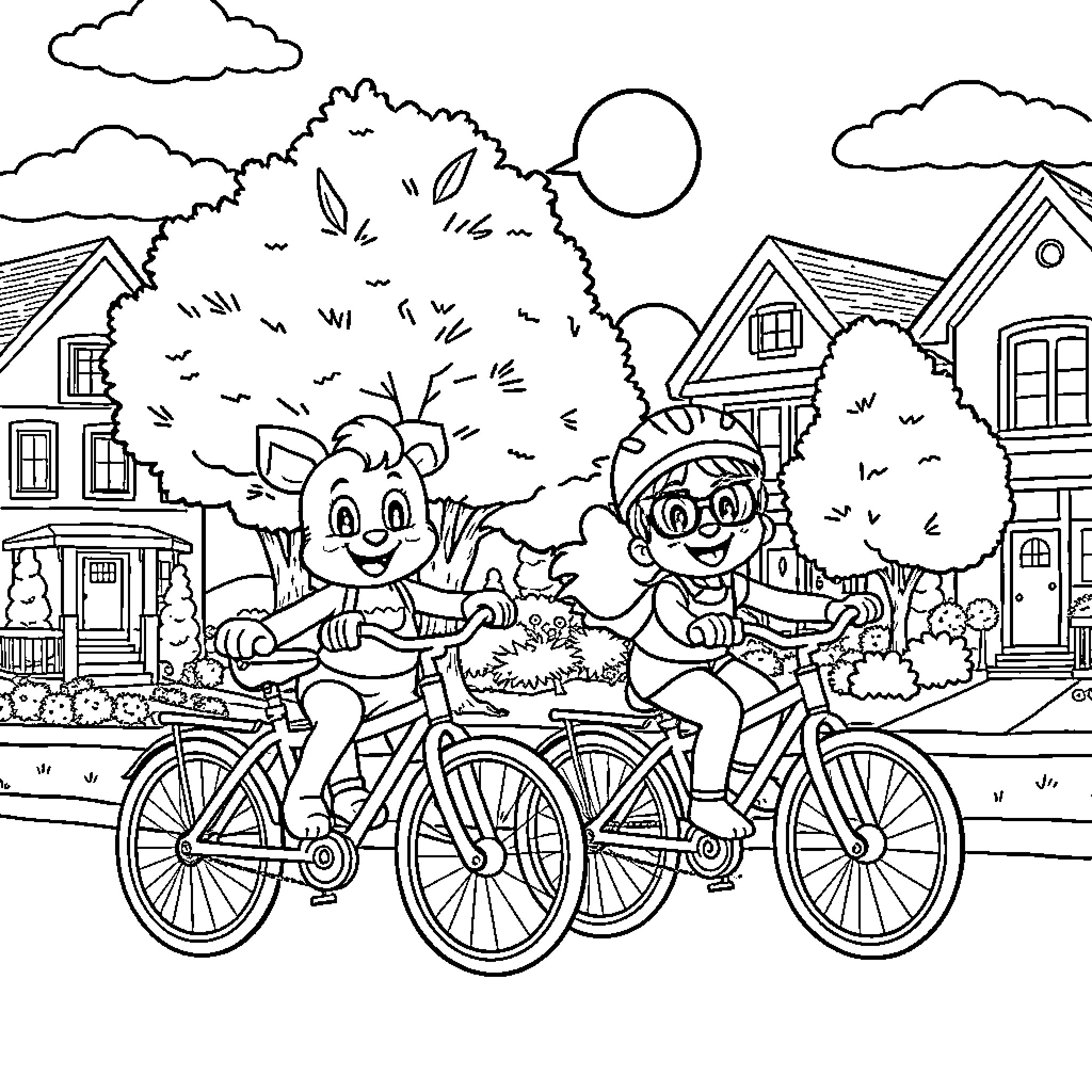 Bluey's Bicycle Adventure in the Neighborhood Coloring Page (free black-and-white line drawing printable PDF for all, from beginners to advanced learners, including children, teens, adults, and seniors)