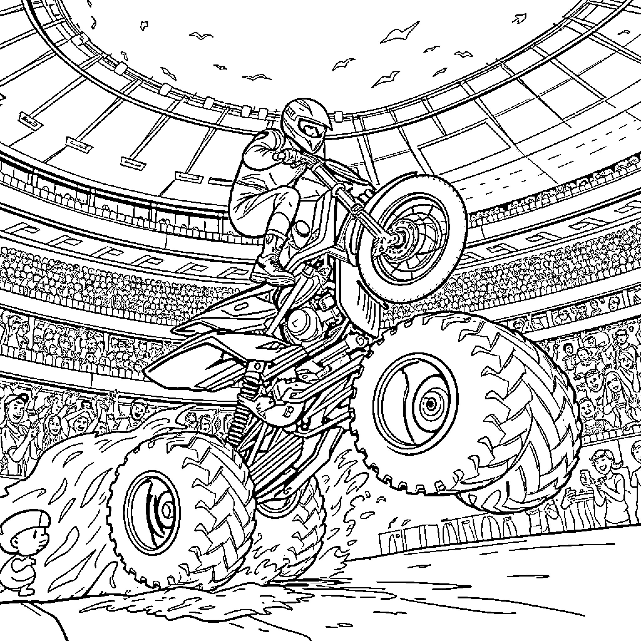 Motorbike stunt rider performing in the stadium Coloring Page (free black-and-white line drawing printable PDF for all, from beginners to advanced learners, including children, teens, adults, and seniors)