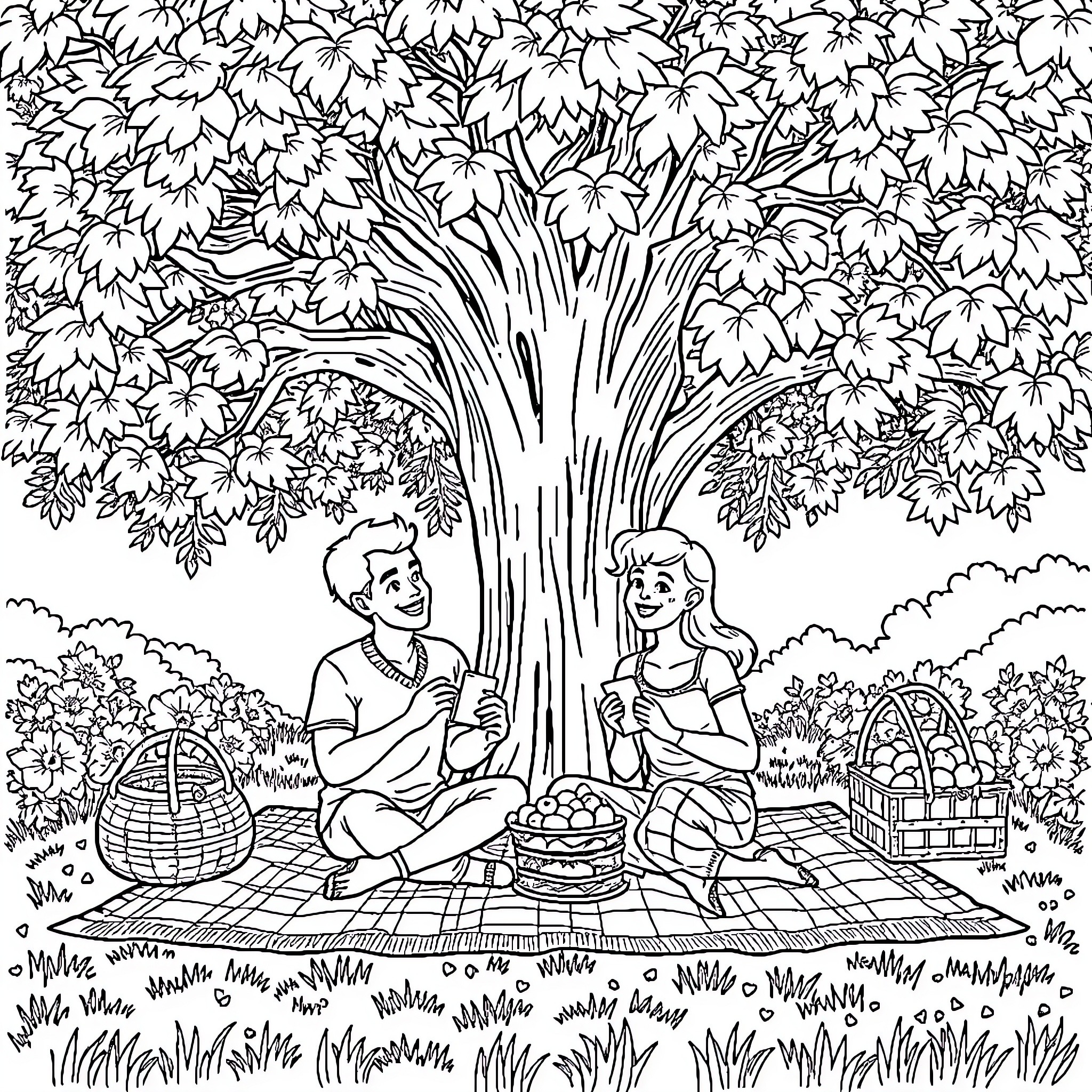 Couple enjoying a picnic under a tree Coloring Page (free black-and-white line drawing printable PDF for all, from beginners to advanced learners, including children, teens, adults, and seniors)