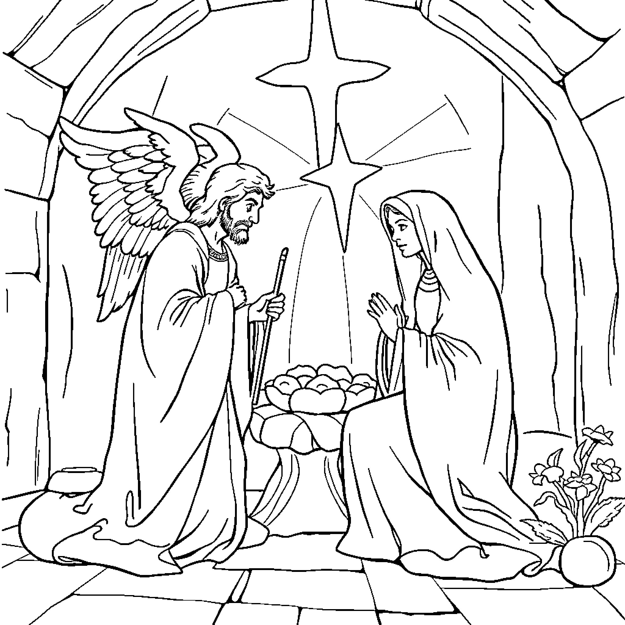 Annunciation - Angel Announcing the Birth to the Virgin Mary Coloring Page (free black-and-white line drawing printable PDF for all, from beginners to advanced learners, including children, teens, adults, and seniors)