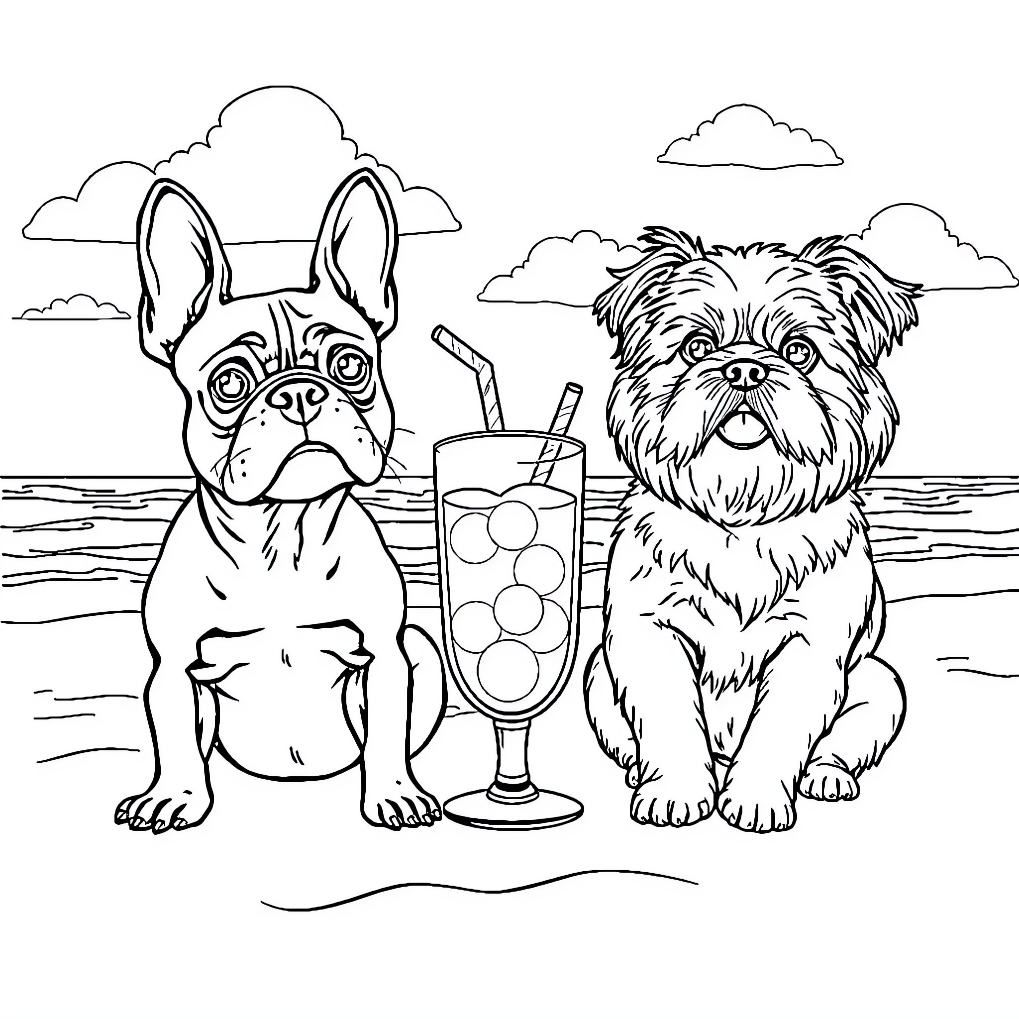 Dogs enjoying a refreshing drink at the beach Coloring Page (free black-and-white line drawing printable PDF for all, from beginners to advanced learners, including children, teens, adults, and seniors)