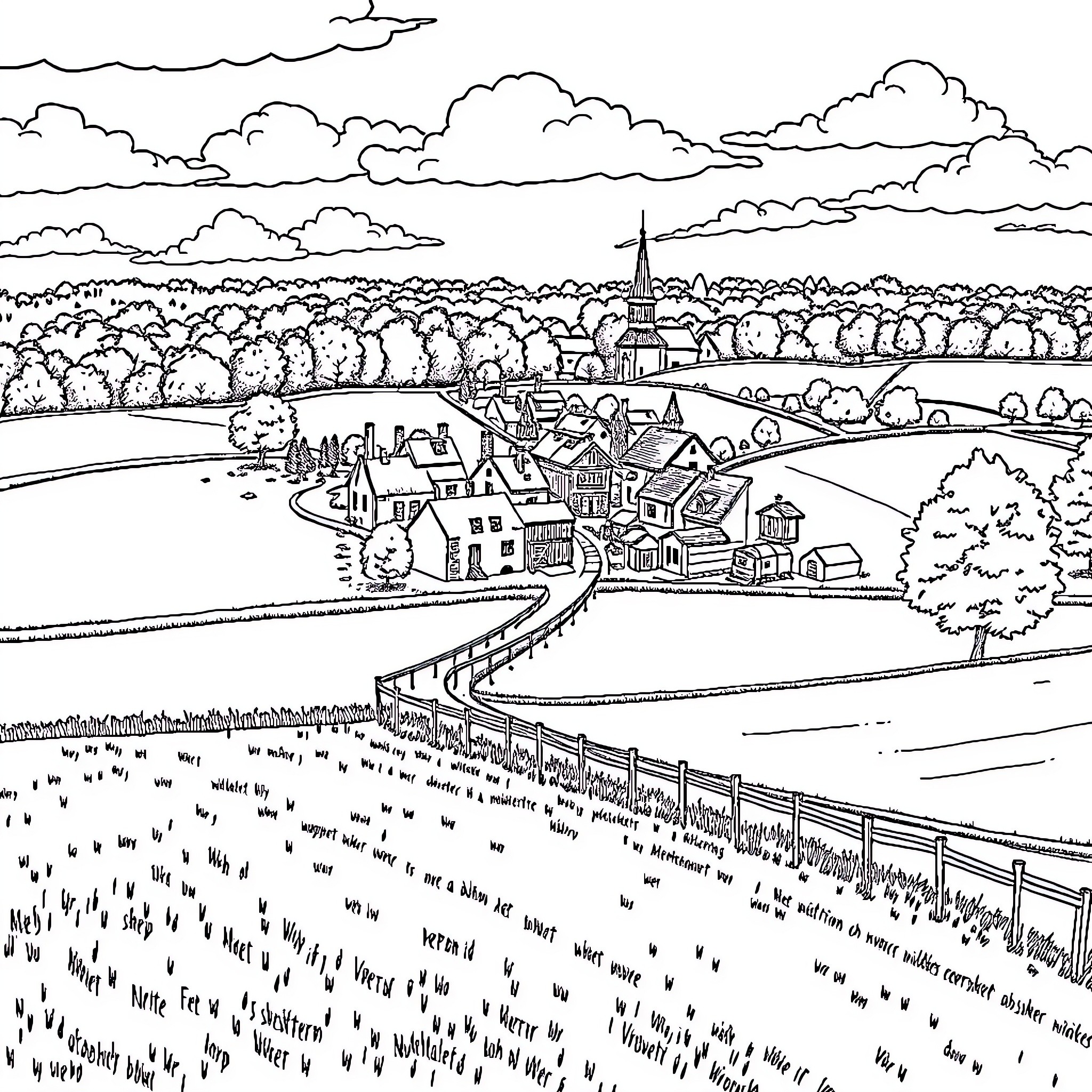 Nieuwerkerken: Peaceful Rural Landscape with Houses and Church Coloring Page (free black-and-white line drawing printable PDF for all, from beginners to advanced learners, including children, teens, adults, and seniors)