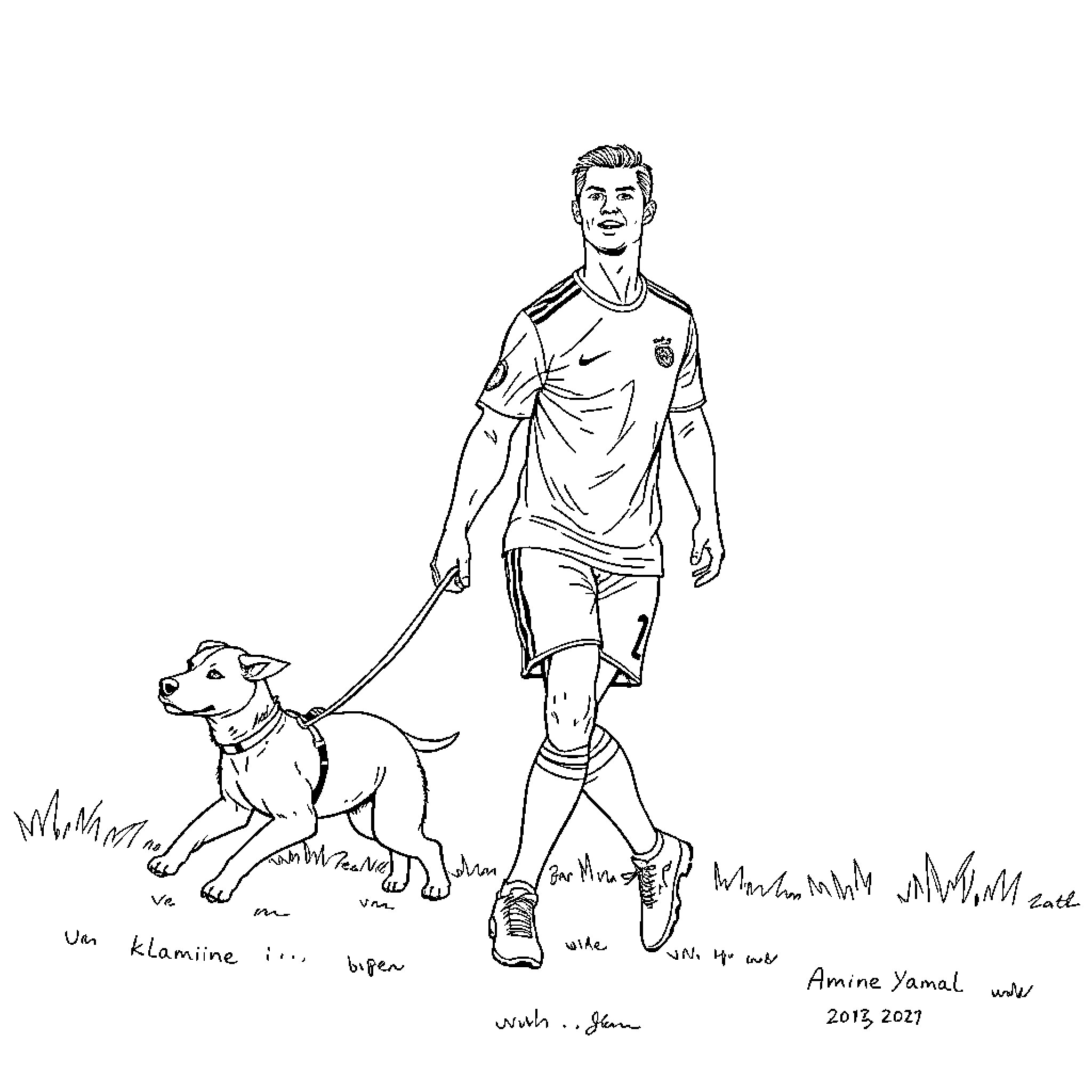 Cristiano Ronaldo walking his dog on a grassy field Coloring Page (free black-and-white line drawing printable PDF for all, from beginners to advanced learners, including children, teens, adults, and seniors)
