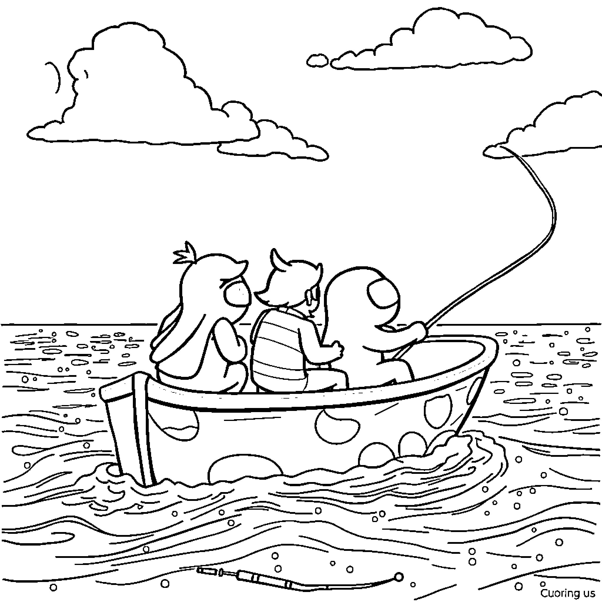 Among Us Characters in a Boat on the Water Coloring Page (free black-and-white line drawing printable PDF for all, from beginners to advanced learners, including children, teens, adults, and seniors)