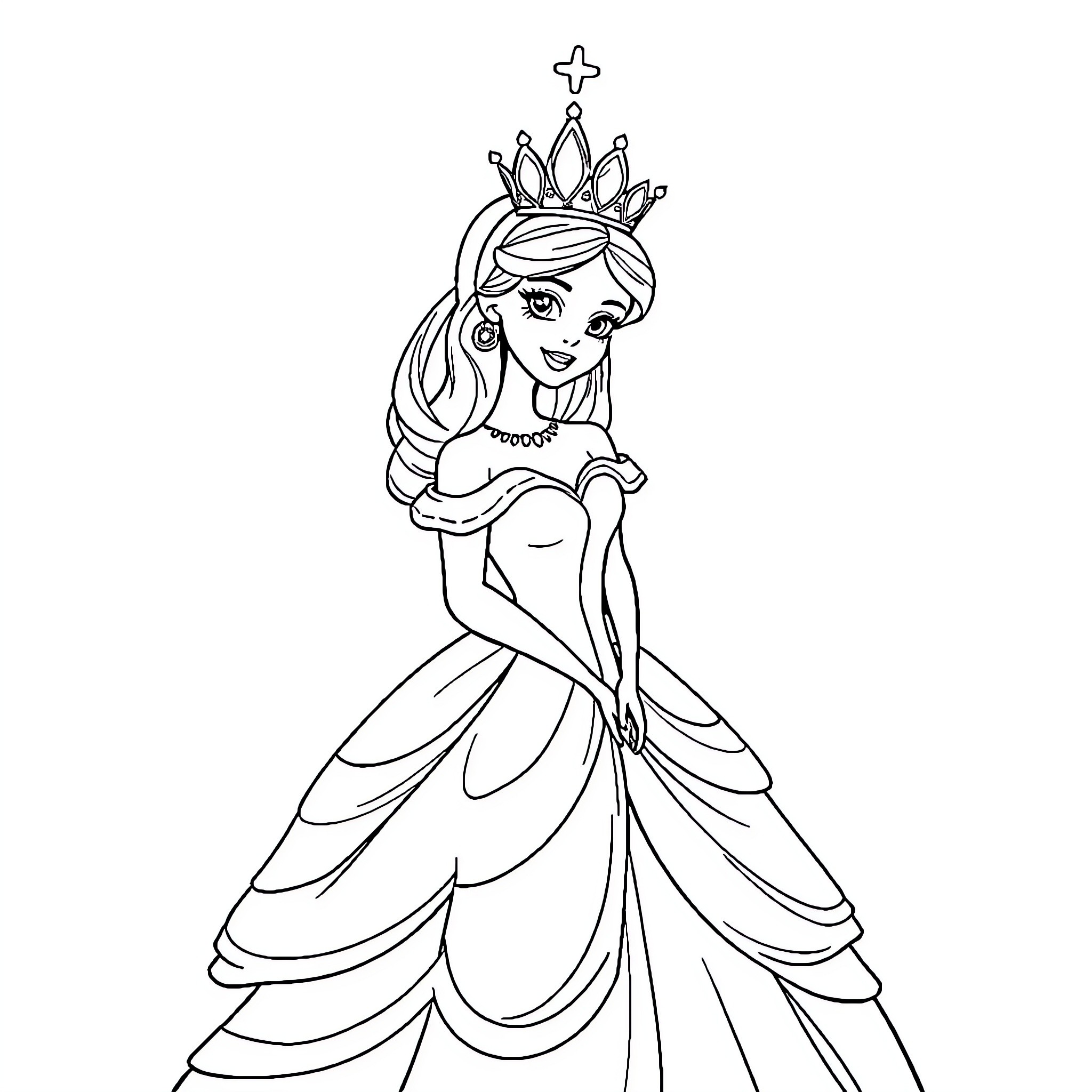 Princess in Elegant Gown and Crown Coloring Page (free black-and-white line drawing printable PDF for all, from beginners to advanced learners, including children, teens, adults, and seniors)