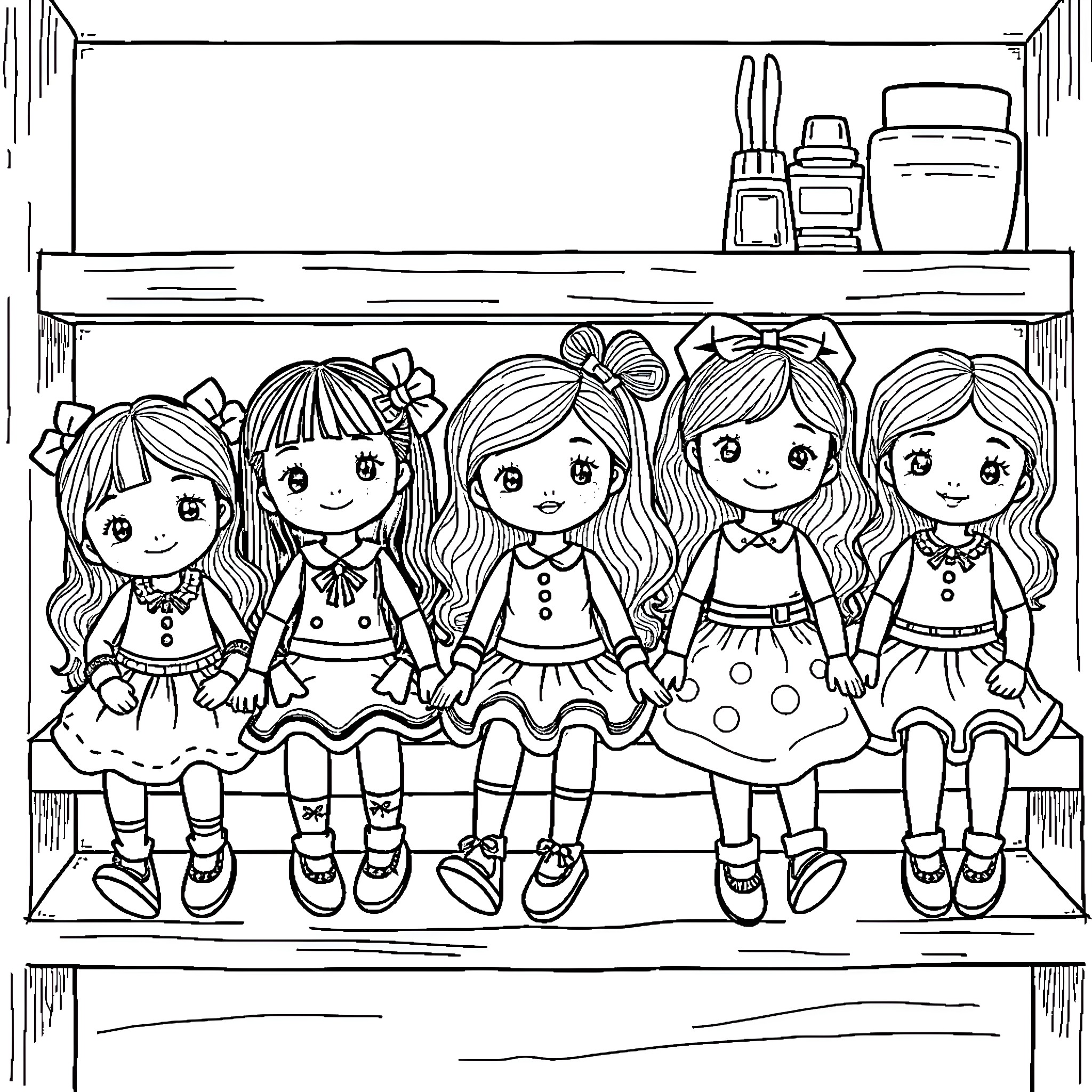 Doll friends sitting together on a shelf Coloring Page (free black-and-white line drawing printable PDF for all, from beginners to advanced learners, including children, teens, adults, and seniors)