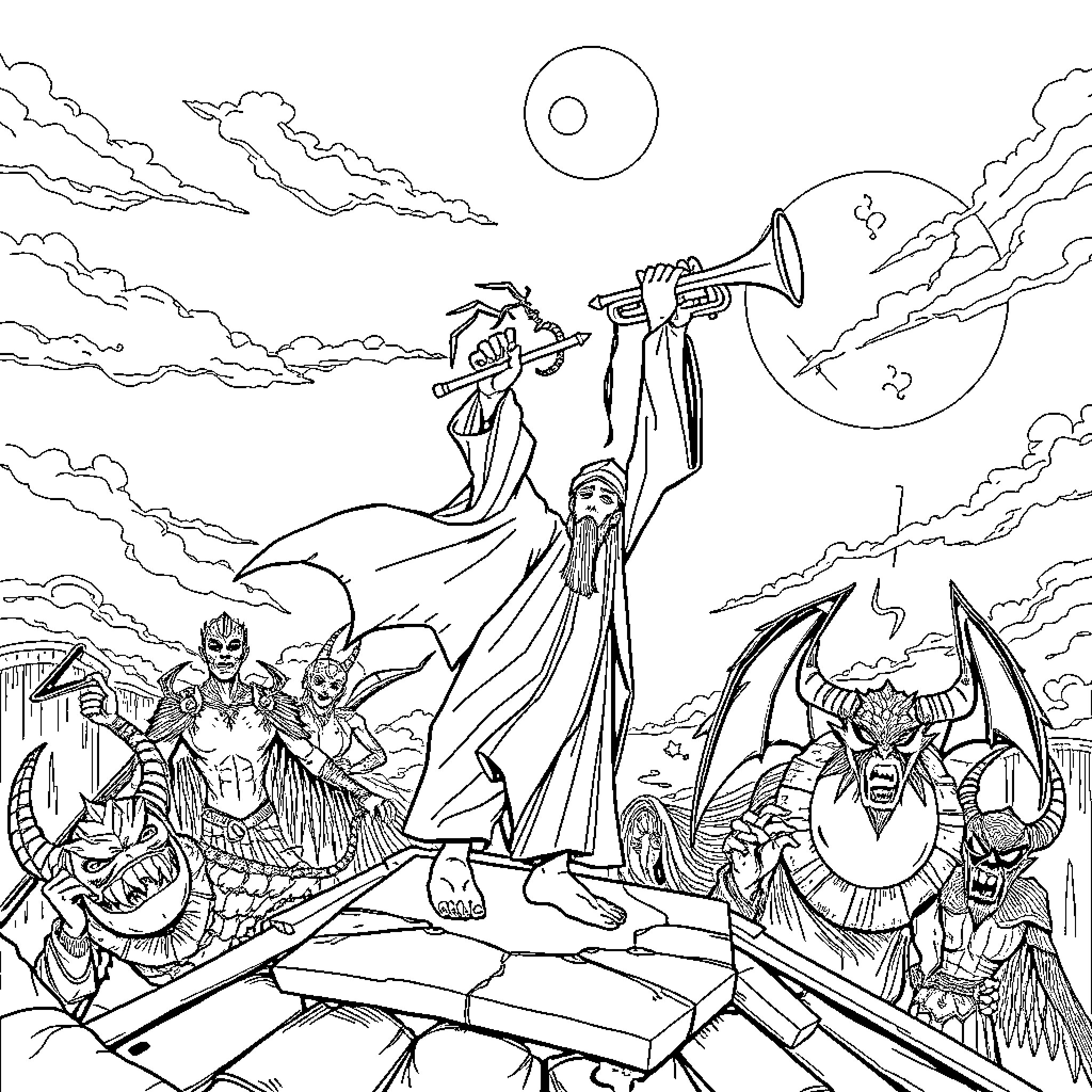 Rumi's Fantastical Vision of Otherworldly Beings Coloring Page (free black-and-white line drawing printable PDF for all, from beginners to advanced learners, including children, teens, adults, and seniors)