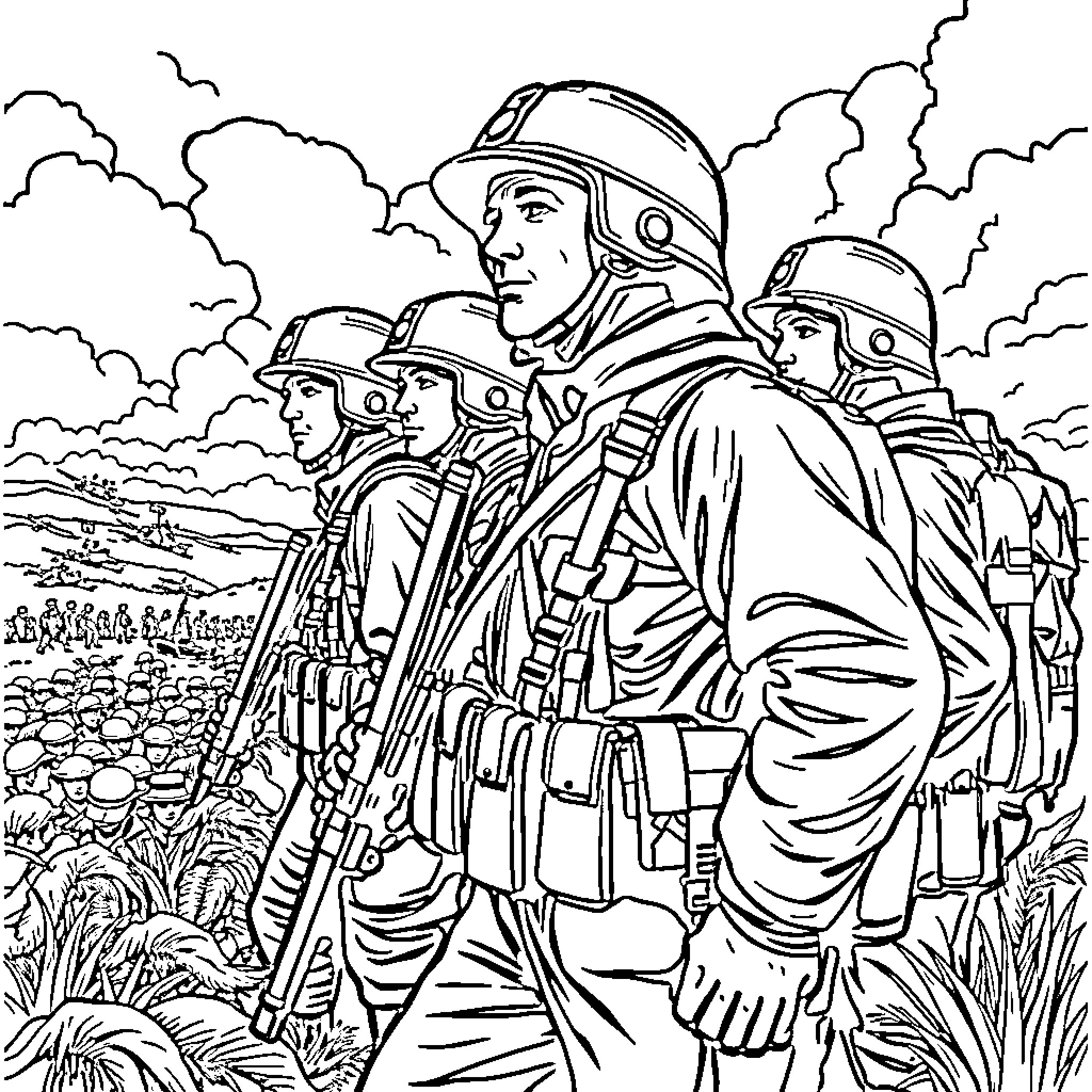 Soldier Unit on the Battlefield Coloring Page (free black-and-white line drawing printable PDF for all, from beginners to advanced learners, including children, teens, adults, and seniors)