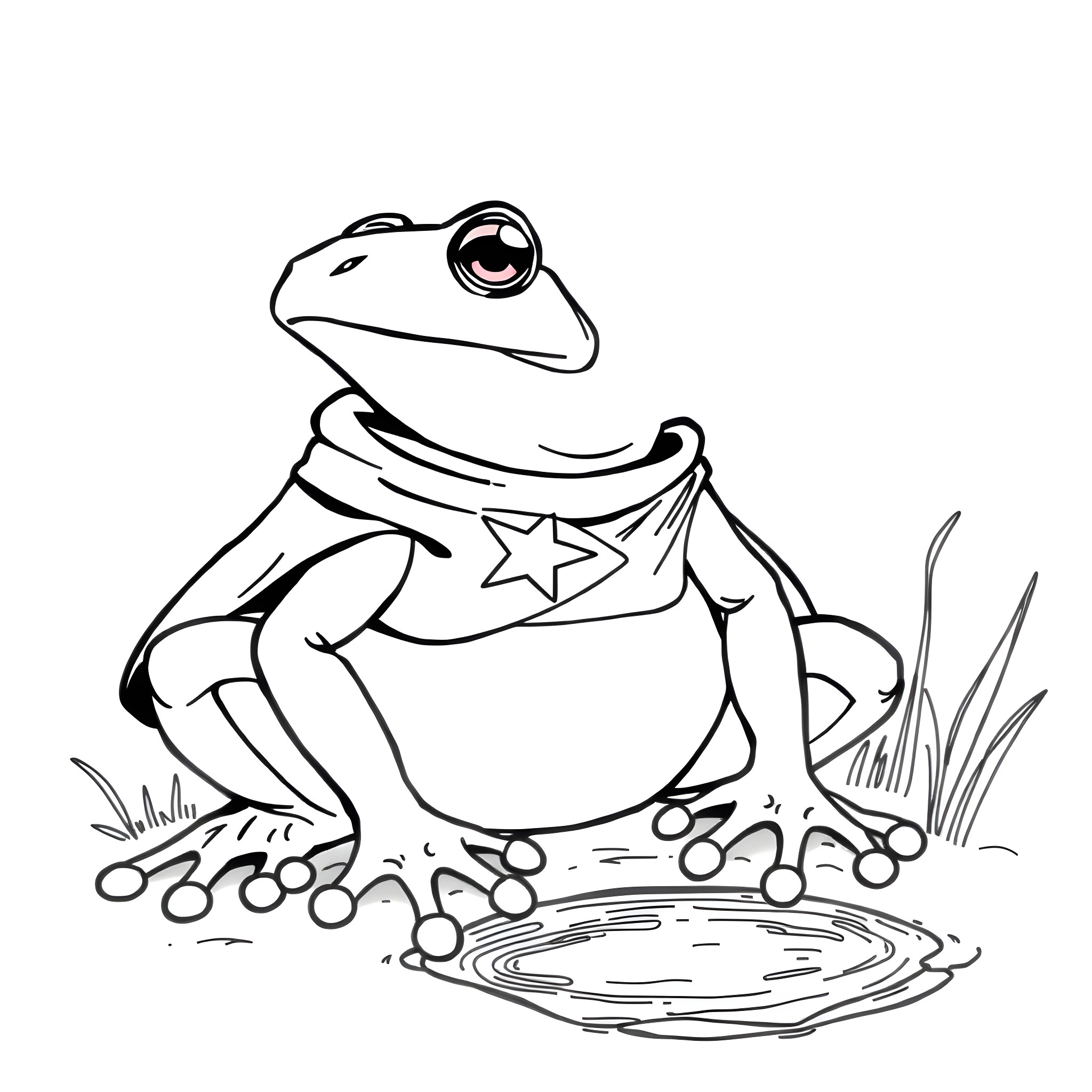 Frog sitting on lily pads in a pond Coloring Page (free black-and-white line drawing printable PDF for all, from beginners to advanced learners, including children, teens, adults, and seniors)