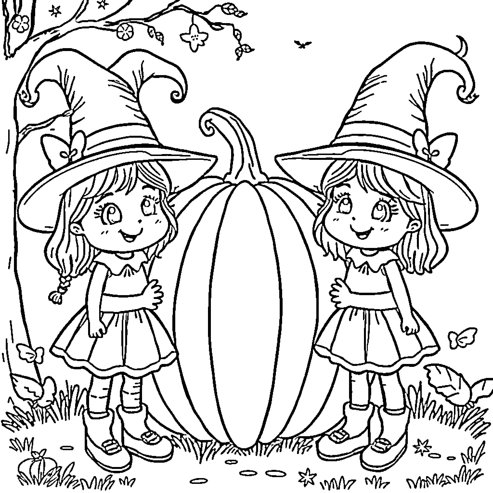 Witch girls playing happily with pumpkins in the woods Coloring Page (free black-and-white line drawing printable PDF for all, from beginners to advanced learners, including children, teens, adults, and seniors)