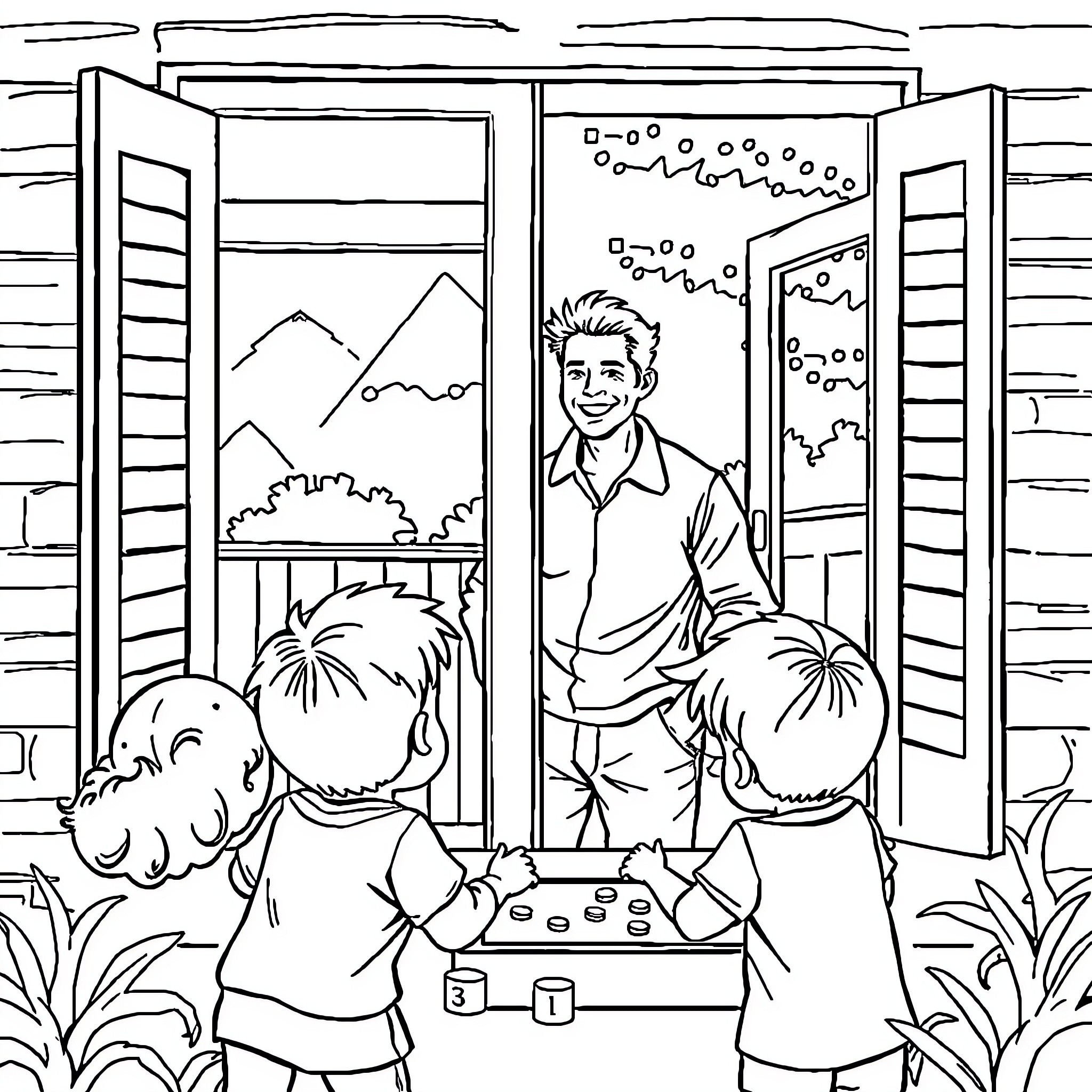 Man playing board game with children outside Coloring Page (free black-and-white line drawing printable PDF for all, from beginners to advanced learners, including children, teens, adults, and seniors)