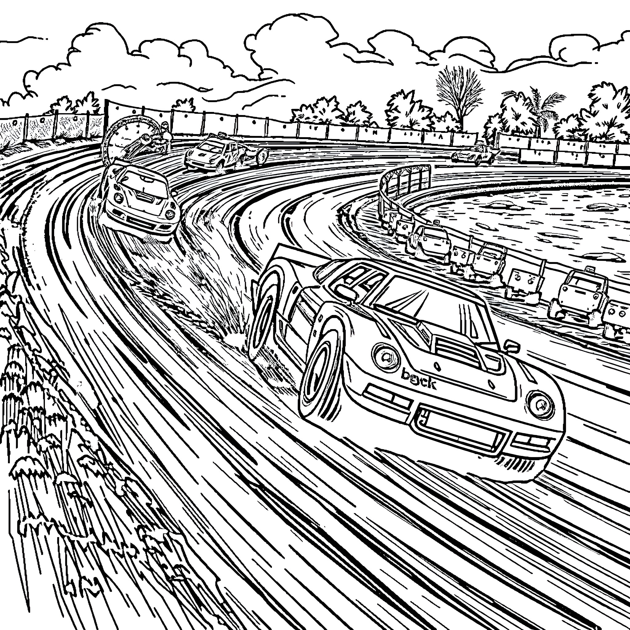 Dirt Track Racing with Cars and Clouds Coloring Page (free black-and-white line drawing printable PDF for all, from beginners to advanced learners, including children, teens, adults, and seniors)