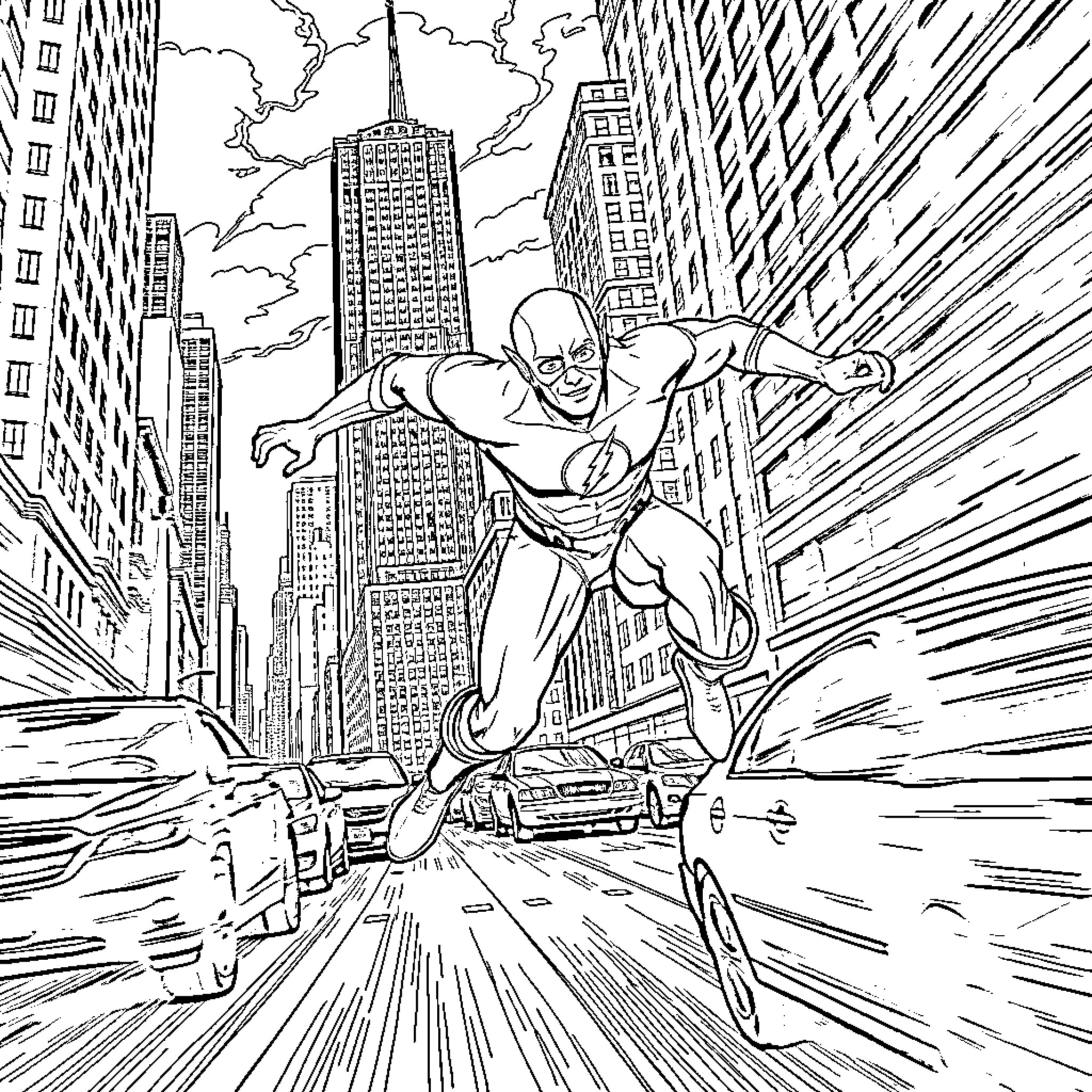 Flash Speeding Through the City Skyline Coloring Page (free black-and-white line drawing printable PDF for all, from beginners to advanced learners, including children, teens, adults, and seniors)