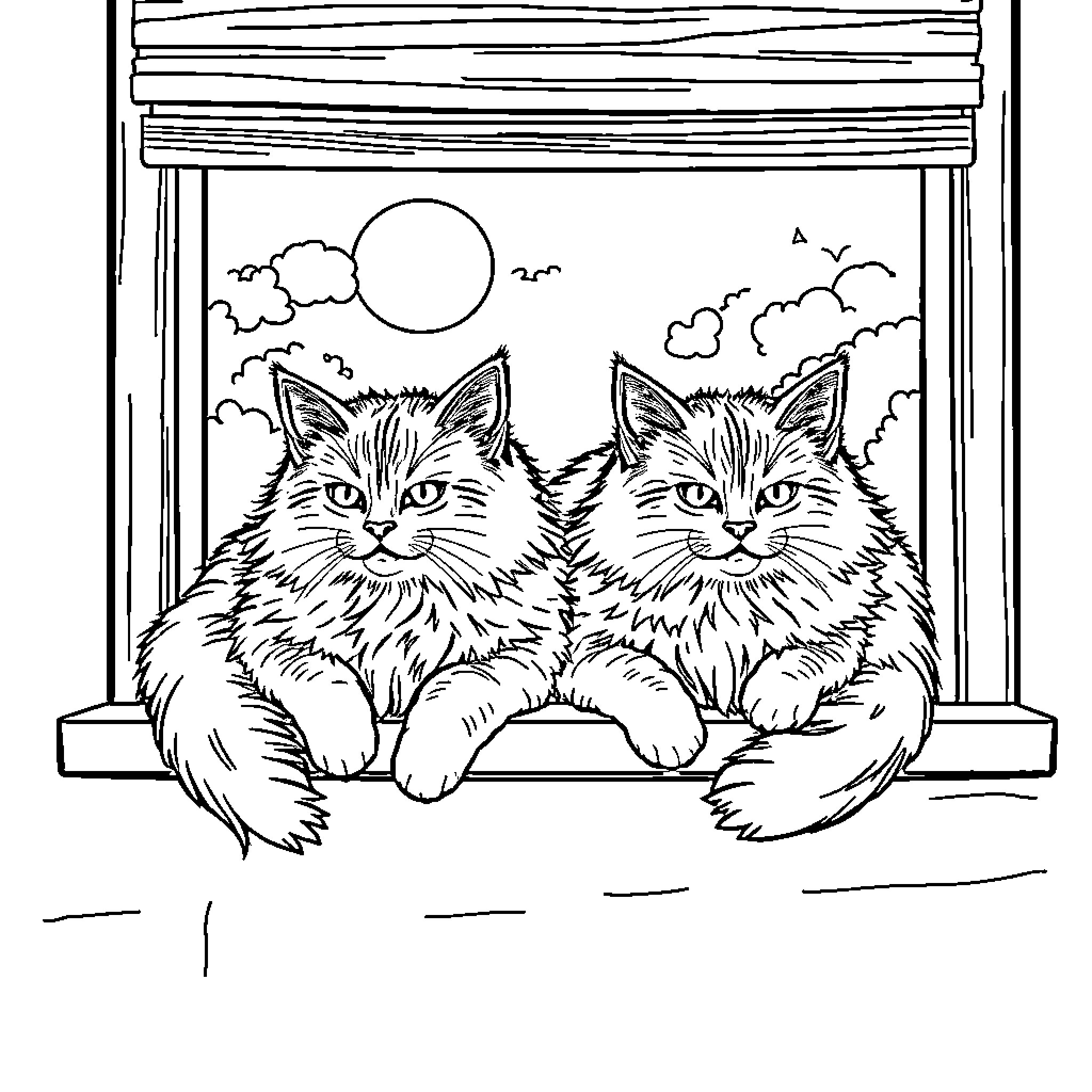 Cats sitting on window sill Coloring Page (free black-and-white line drawing printable PDF for all, from beginners to advanced learners, including children, teens, adults, and seniors)