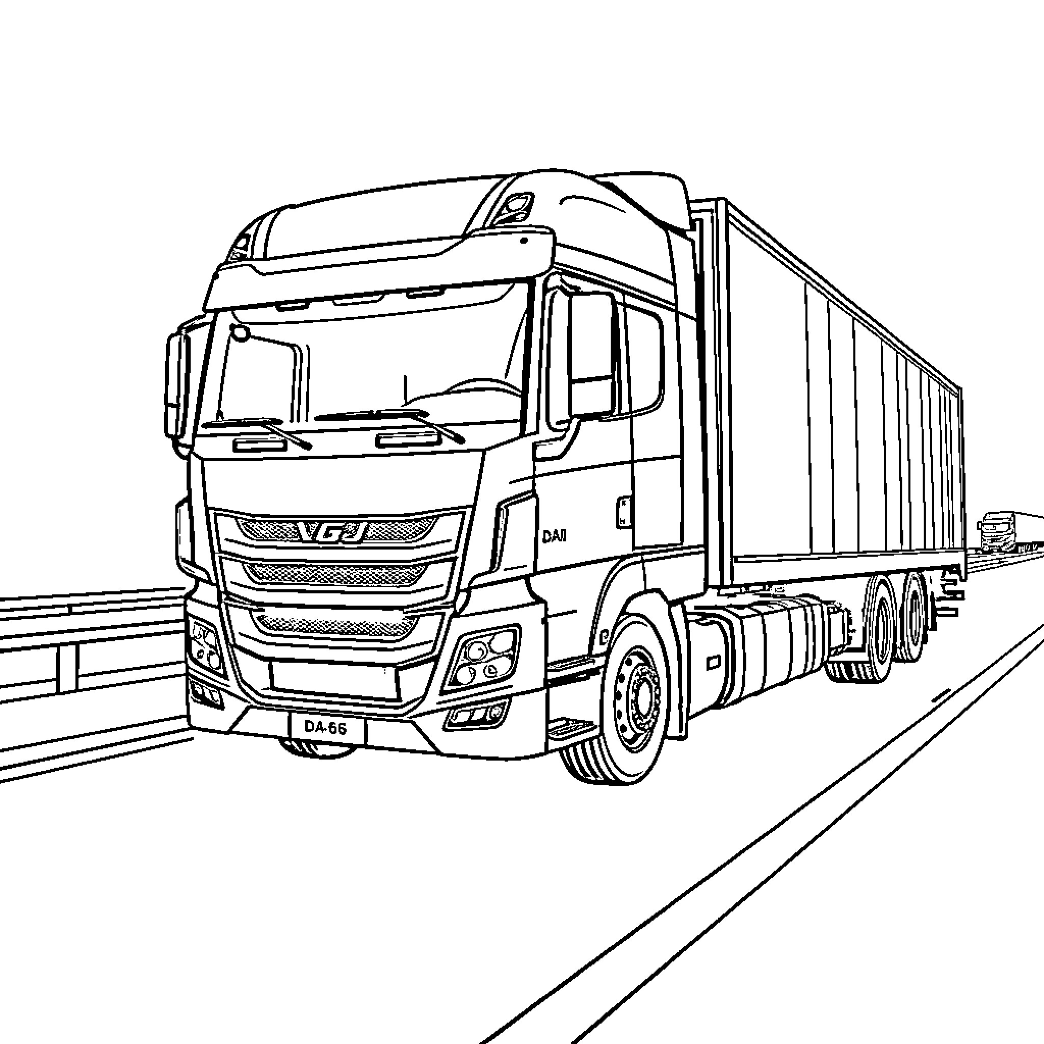 Truck carrying cargo on the highway Coloring Page (free black-and-white line drawing printable PDF for all, from beginners to advanced learners, including children, teens, adults, and seniors)