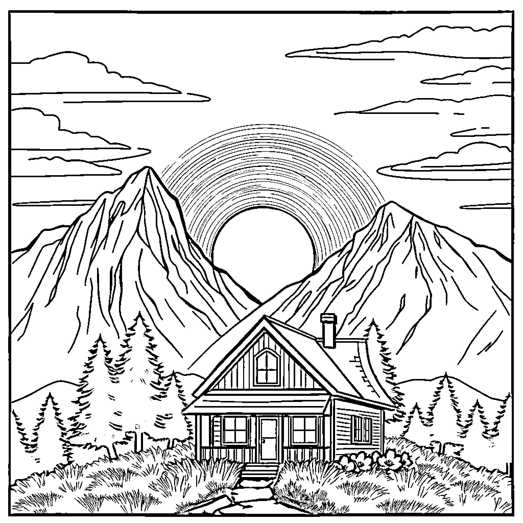 Mountain Cabin in Serene Landscape Coloring Page (free black-and-white line drawing printable PDF for all, from beginners to advanced learners, including children, teens, adults, and seniors)