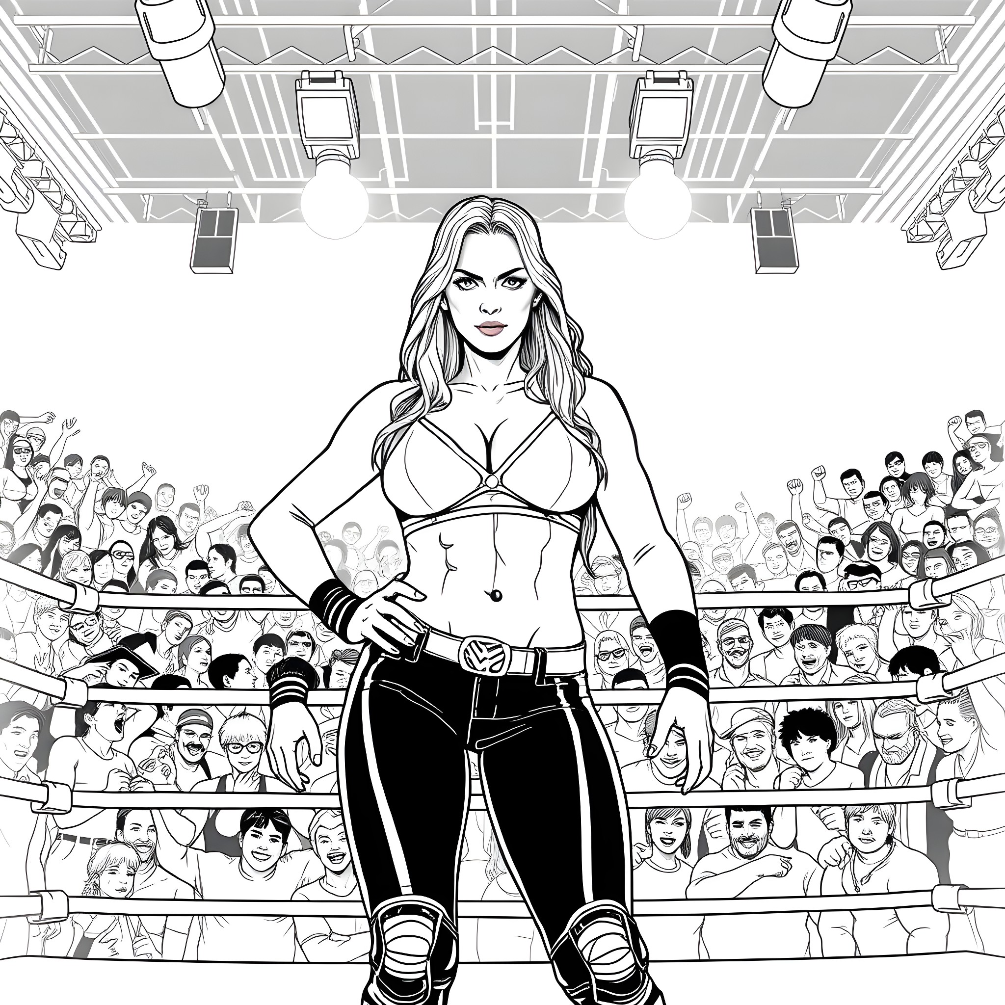 Rhea Ripley, the fierce superstar, dominates the wrestling ring Coloring Page (free black-and-white line drawing printable PDF for all, from beginners to advanced learners, including children, teens, adults, and seniors)