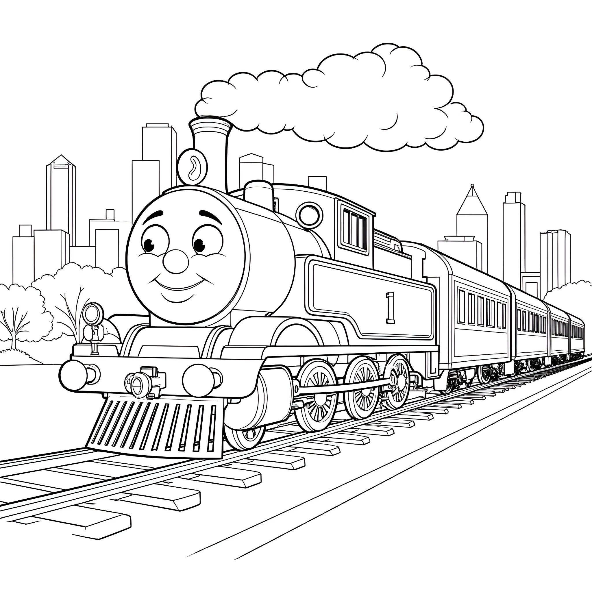 Thomas the Tank Engine on the Tracks Coloring Page (free black-and-white line drawing printable PDF for all, from beginners to advanced learners, including children, teens, adults, and seniors)