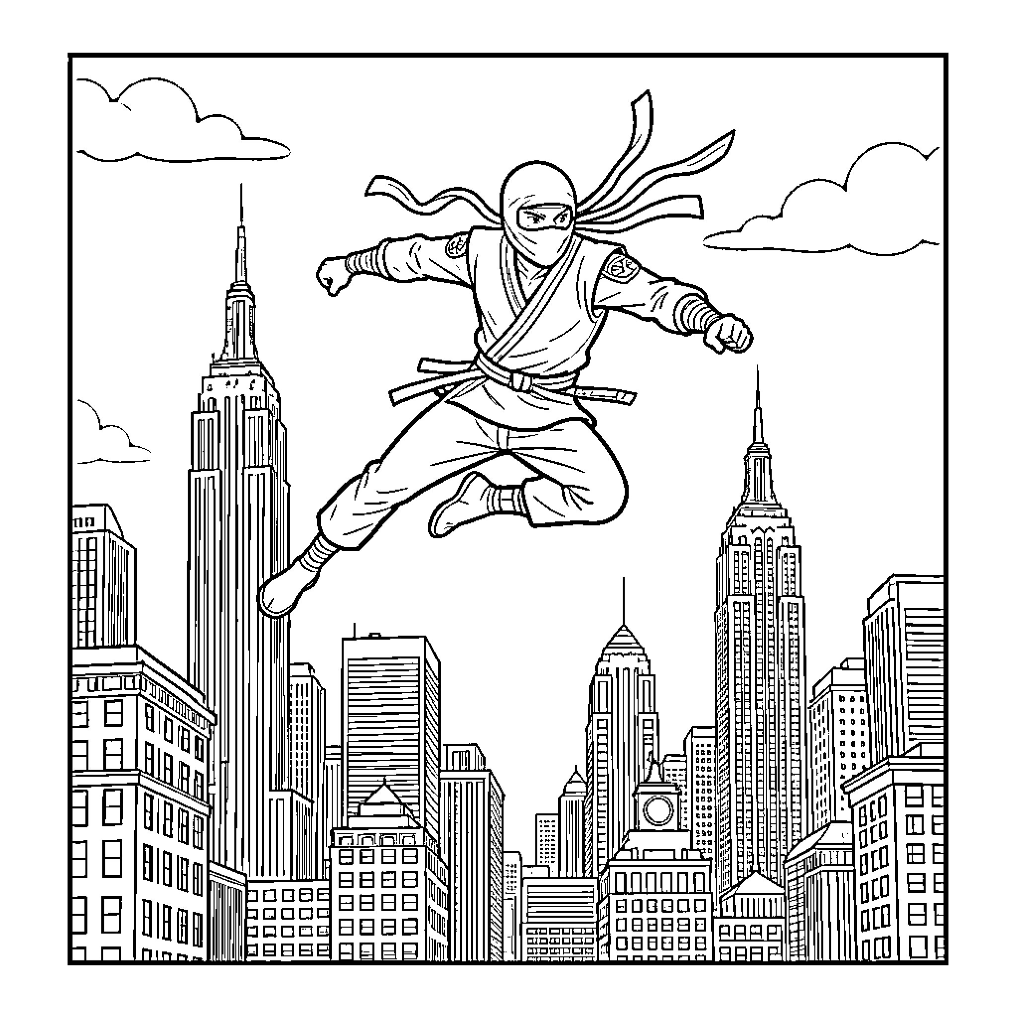 Ninja leaping through the urban skyline Coloring Page (free black-and-white line drawing printable PDF for all, from beginners to advanced learners, including children, teens, adults, and seniors)