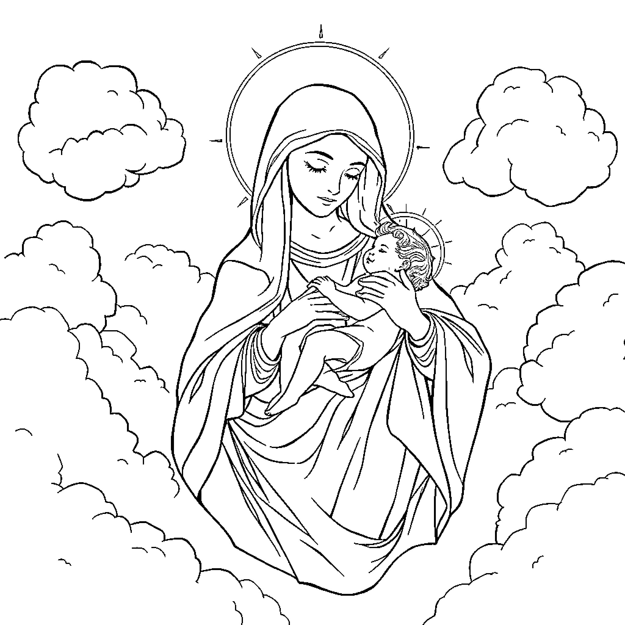 Virgen cradling infant with heavenly clouds Coloring Page (free black-and-white line drawing printable PDF for all, from beginners to advanced learners, including children, teens, adults, and seniors)