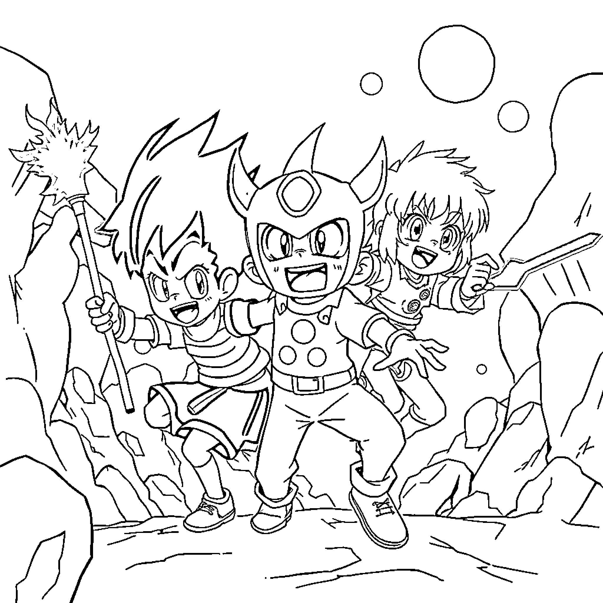 Okarun and friends engage in an adventurous quest Coloring Page (free black-and-white line drawing printable PDF for all, from beginners to advanced learners, including children, teens, adults, and seniors)