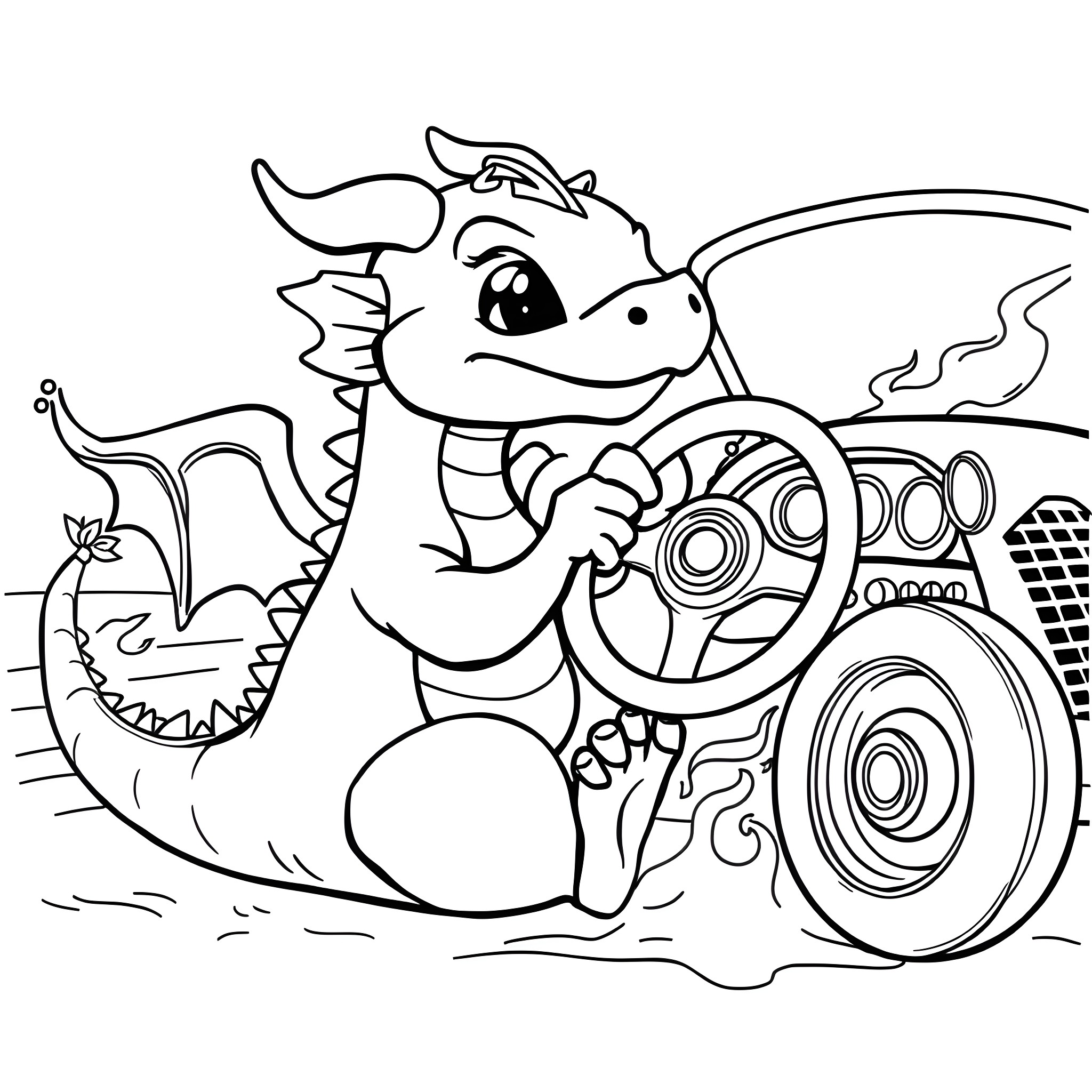 Dragon driving a unique vehicle through a fantastical landscape Coloring Page (free black-and-white line drawing printable PDF for all, from beginners to advanced learners, including children, teens, adults, and seniors)