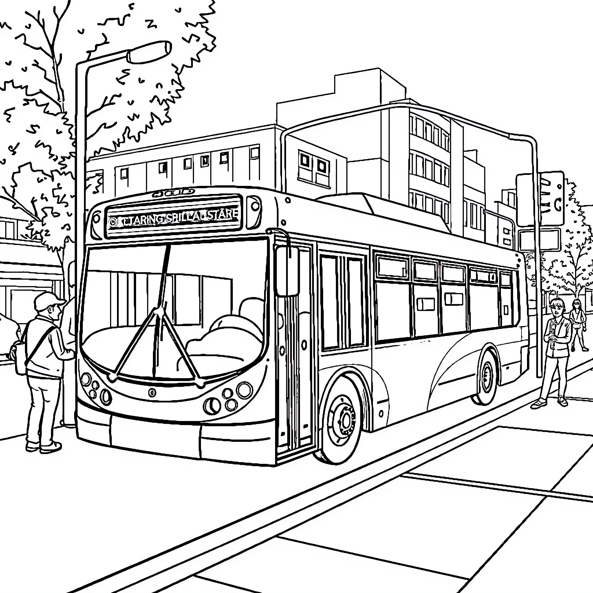 Bus transporting passengers along city street Coloring Page (free black-and-white line drawing printable PDF for all, from beginners to advanced learners, including children, teens, adults, and seniors)